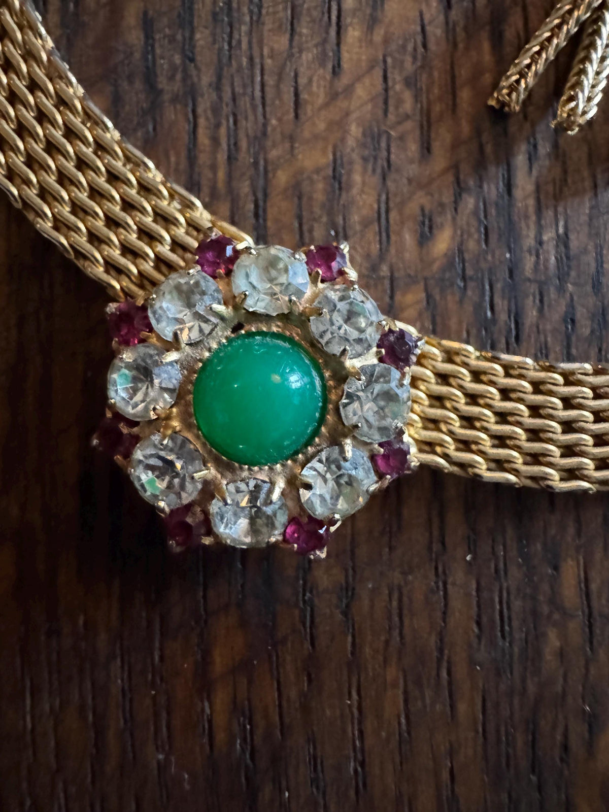 Vintage Juliana Jewelry Set, Pink Rhinestone, Green Cabochon, Gold Mesh
