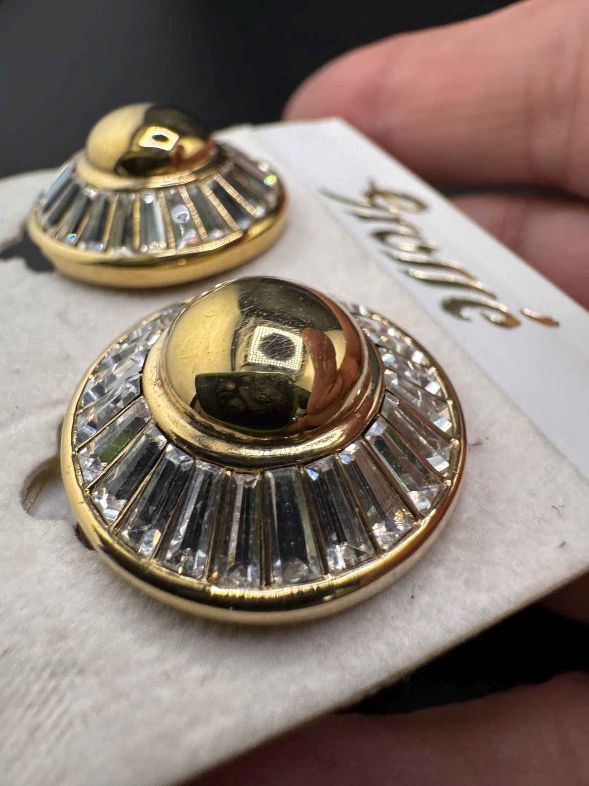 Grosse Clip On Earrings, Clear Baguette Rhinestone Round, Gold Plated