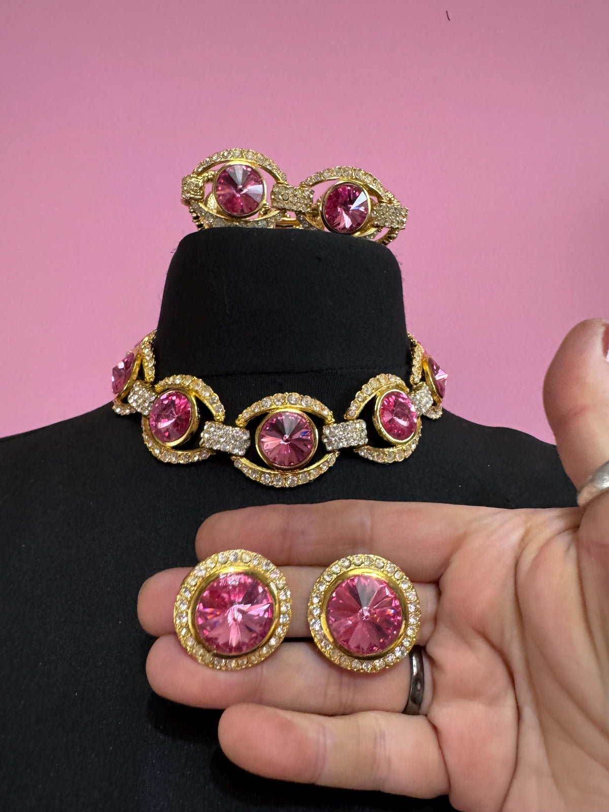 Pink Crystal Jewellery Set, Swarovski Rivoli Necklace, Bracelet