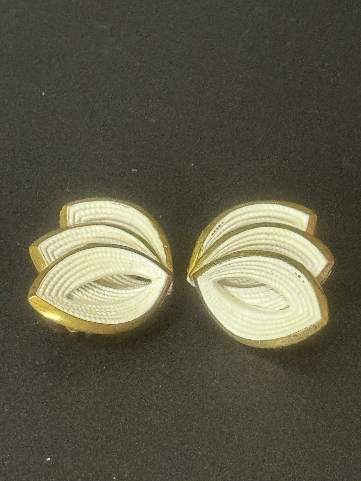 Grosse Clip On Earrings, Signed Cream Enamel Fan Leaf, Gold Tone