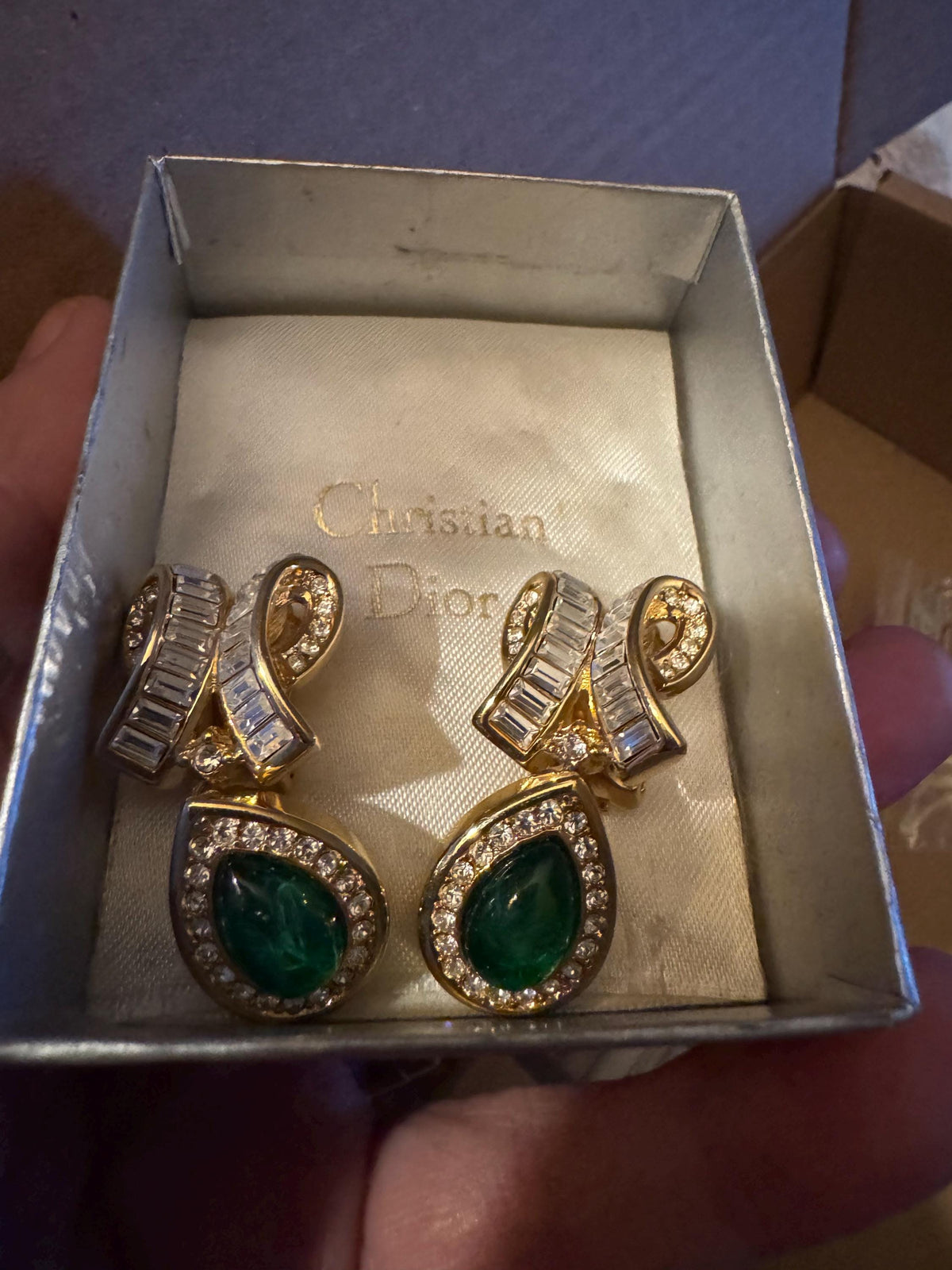 Vintage Dior Clip Earrings, Green Gripoix, Gold Tone, Signed Dior