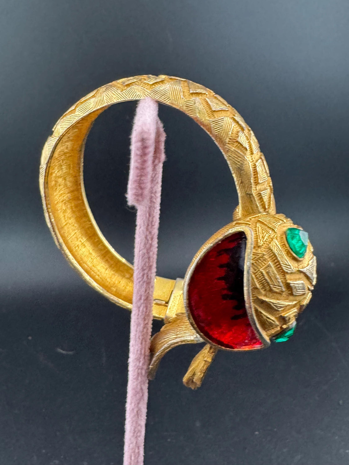 Vintage Serpent Bangle - Red Enamel, Emerald Rhinestones, Gold