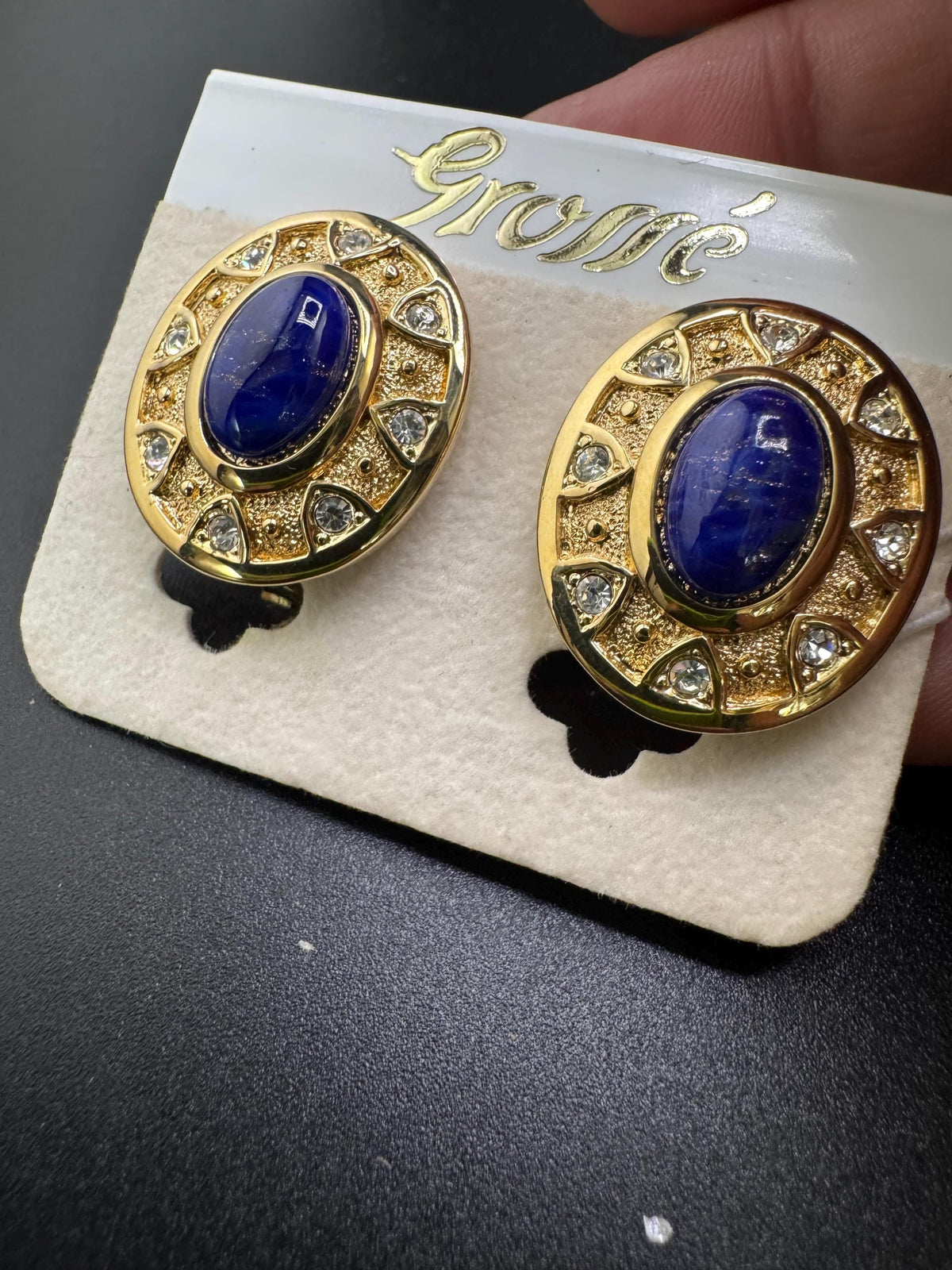 Vintage Clip Earrings, Grosse Oval Blue Lapis Cabochon, Rhinestones