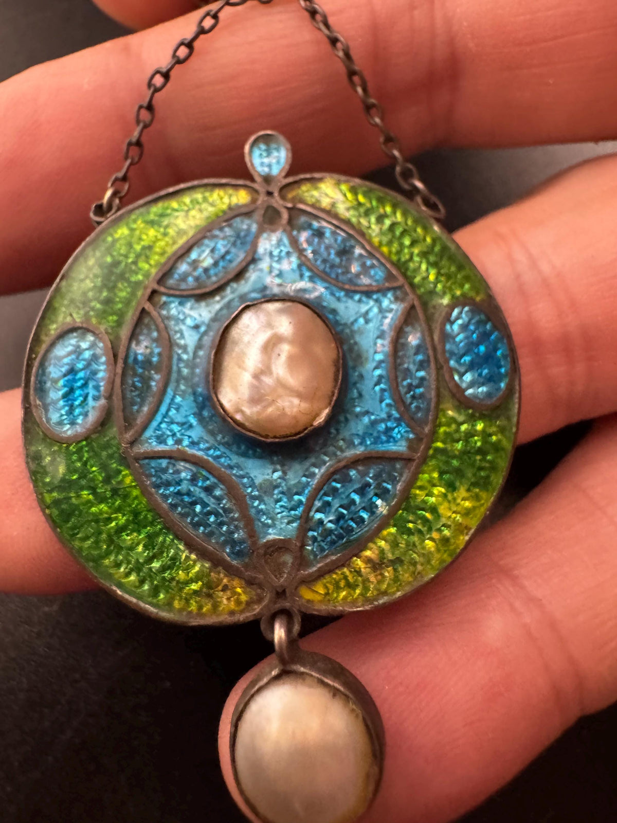 Art Nouveau Enamel Necklace, Antique Silver Pearl Guilloche Drop