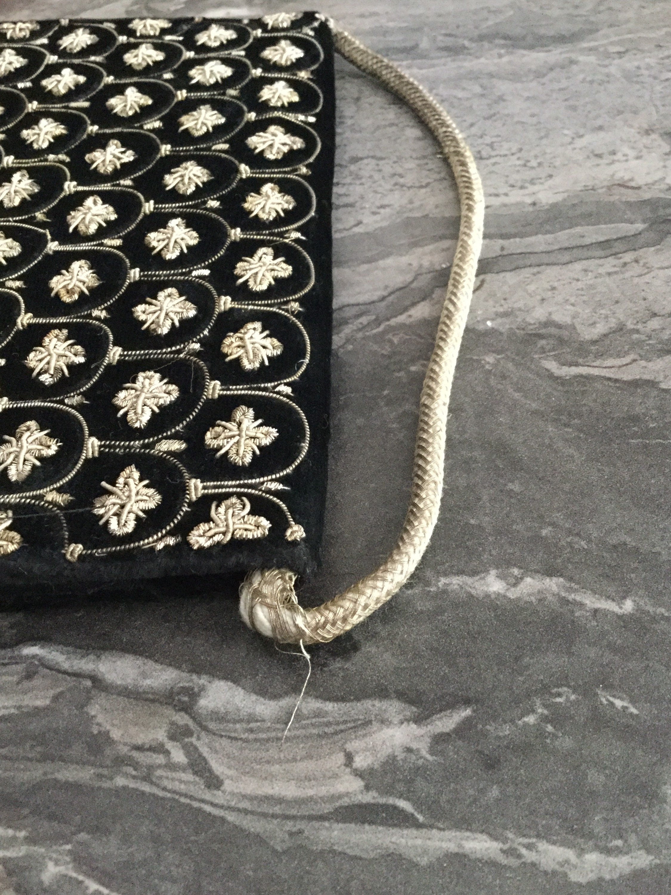 Indian zardozi evening bag purse black velvet gold wire thread work Vintage