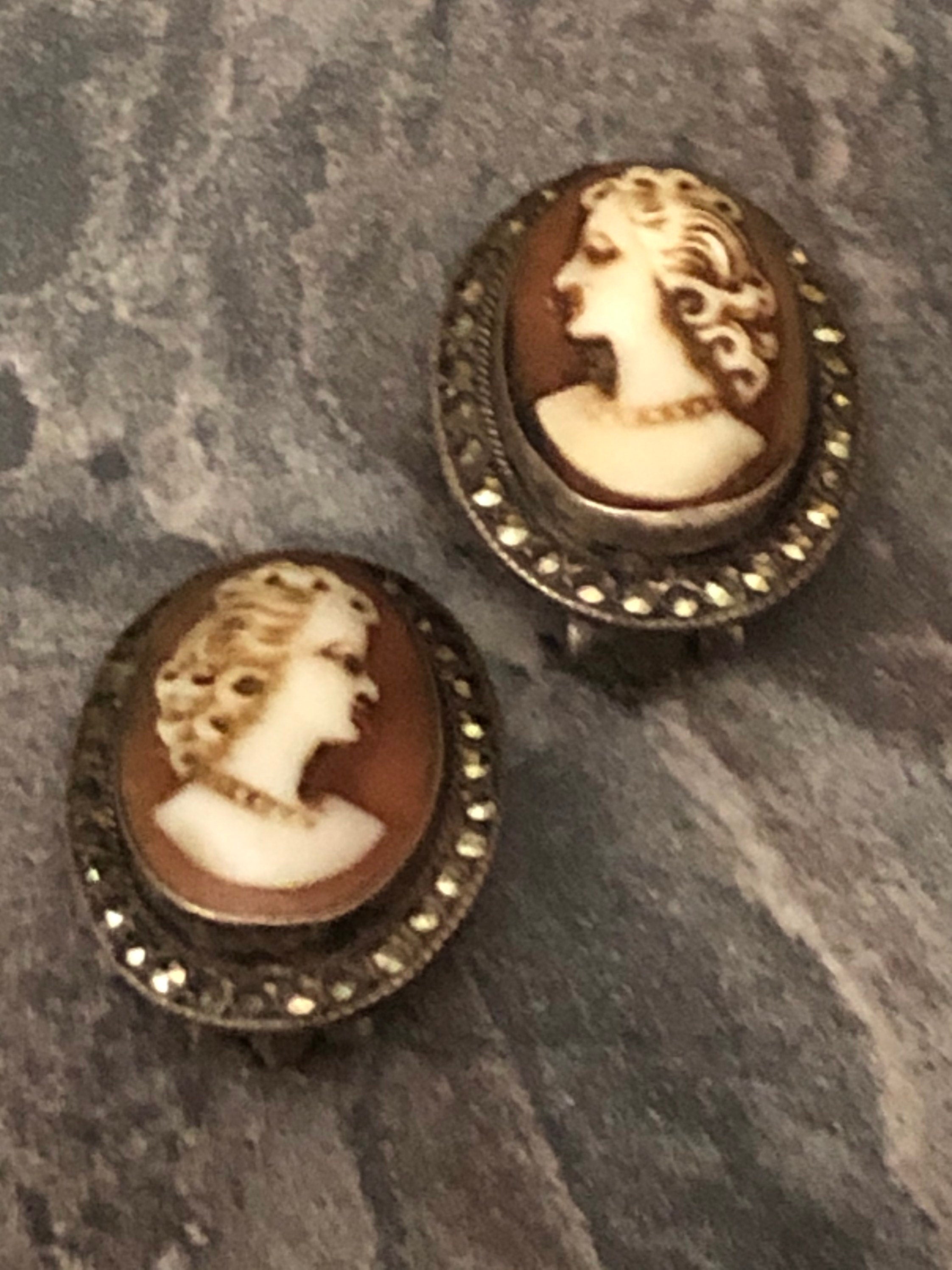 Victorian silver antique Carved Shell Cameo clip on earrings with marcasite