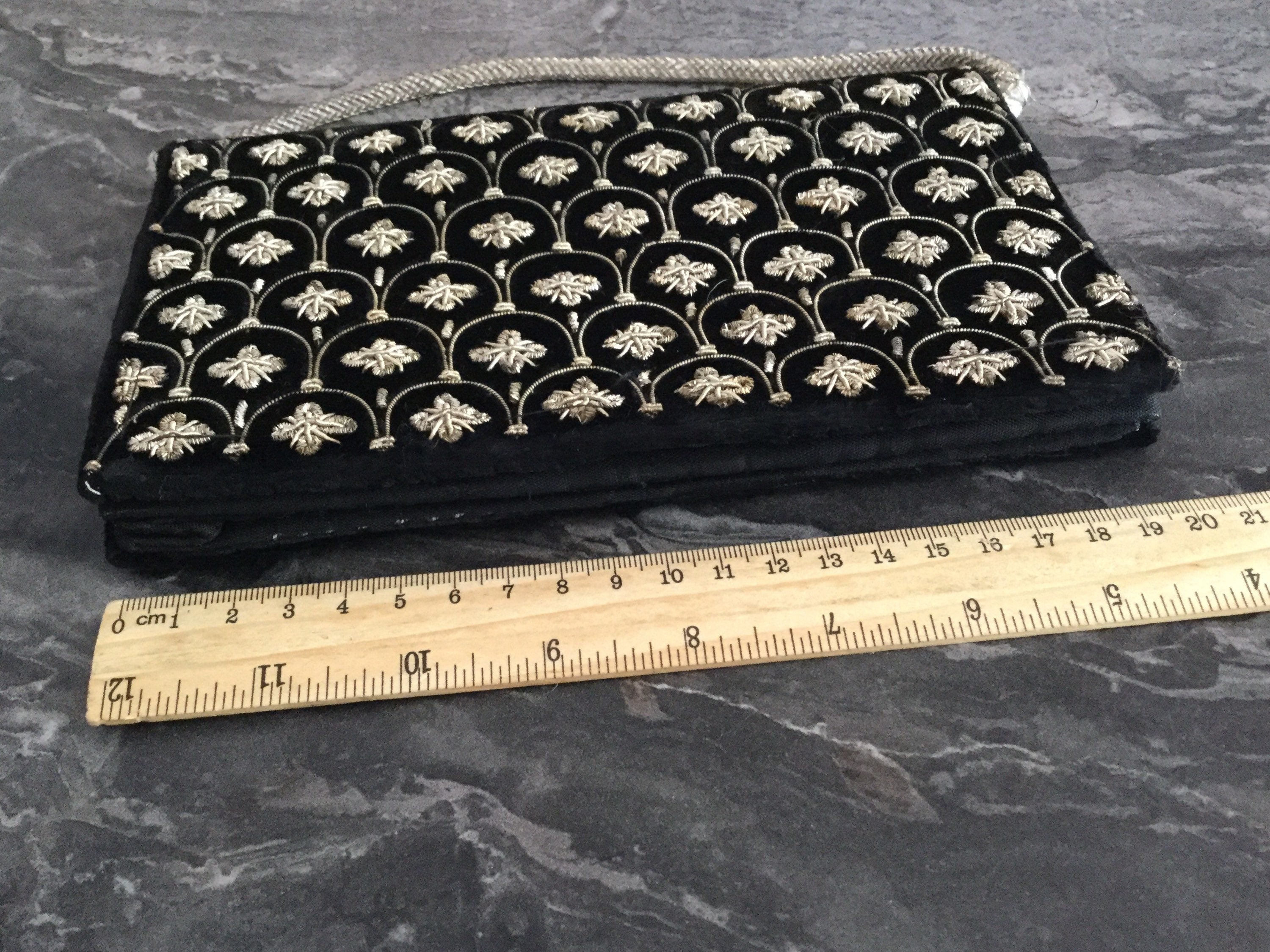 Indian zardozi evening bag purse black velvet gold wire thread work Vintage