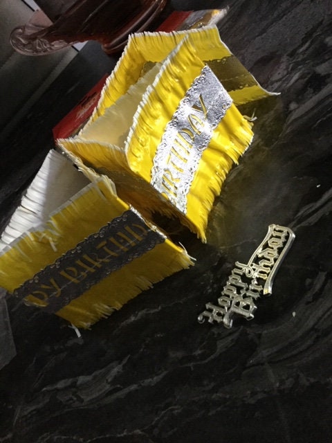yellow silver tissue paper cake frill ribbon band and silver HAPPY BIRTHDAY cake topper vintage