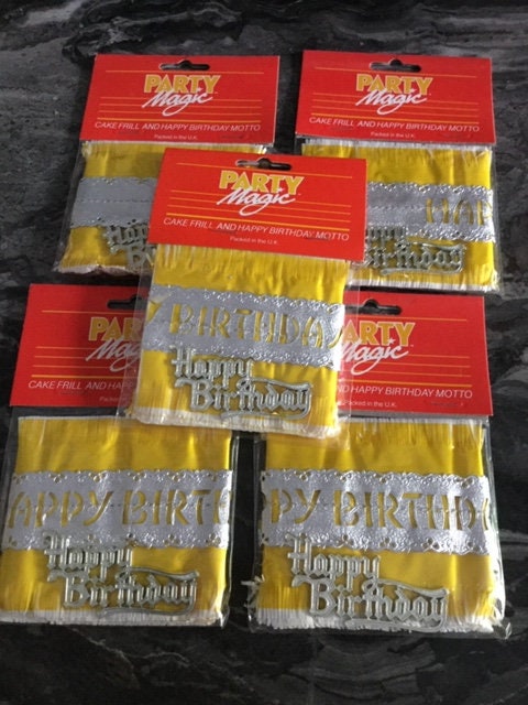 yellow silver tissue paper cake frill ribbon band and silver HAPPY BIRTHDAY cake topper vintage