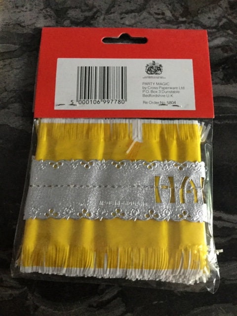 yellow silver tissue paper cake frill ribbon band and silver HAPPY BIRTHDAY cake topper vintage