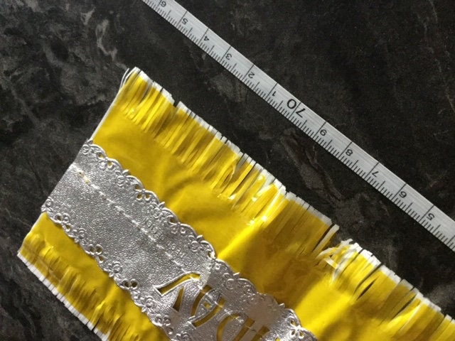 yellow silver tissue paper cake frill ribbon band and silver HAPPY BIRTHDAY cake topper vintage