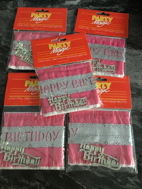 Vintage Bubblegum Pink Cake Frill and Silver Happy Birthday Topper