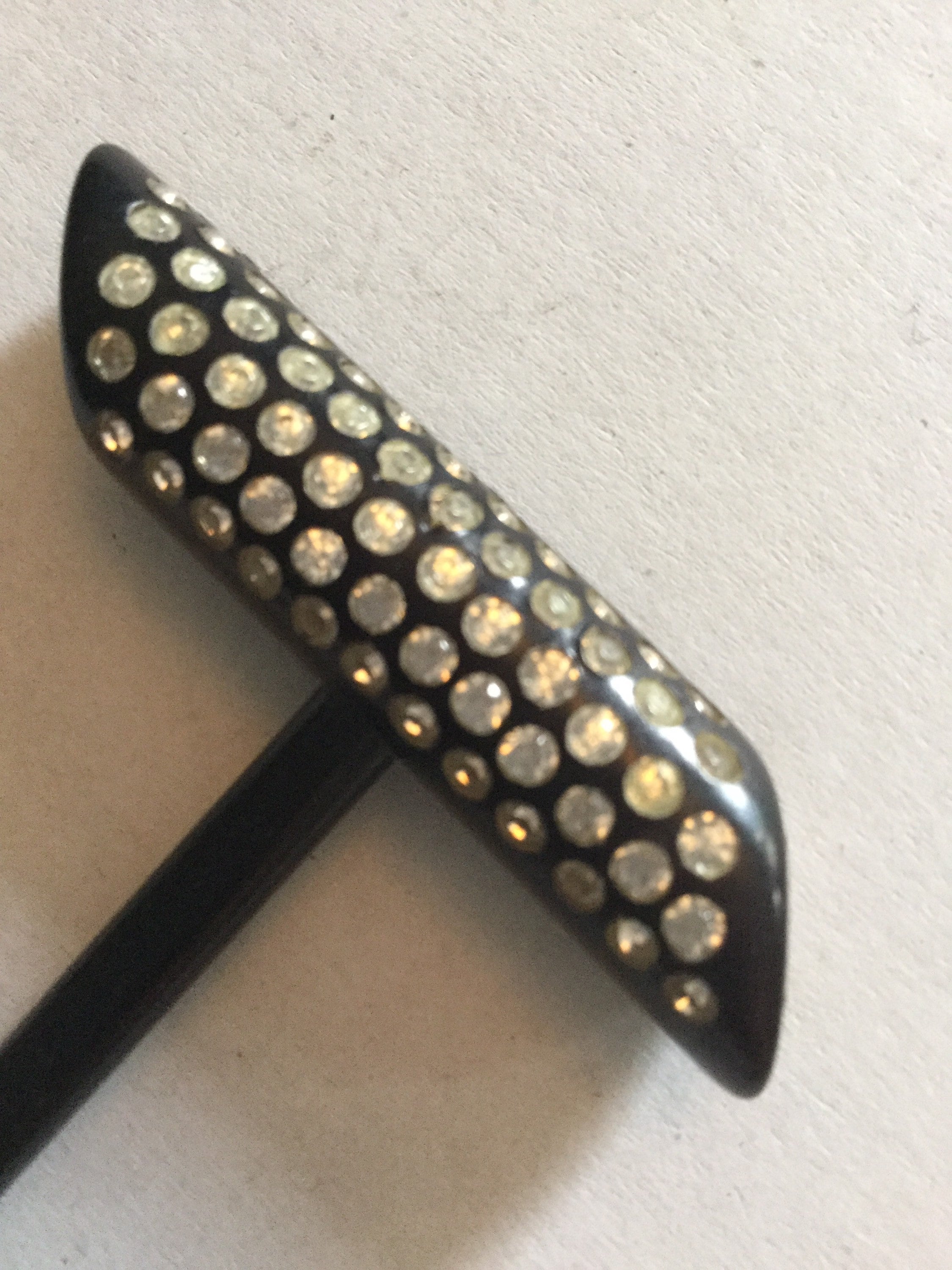 True Art Deco hat flash pin diamante set black bakelite