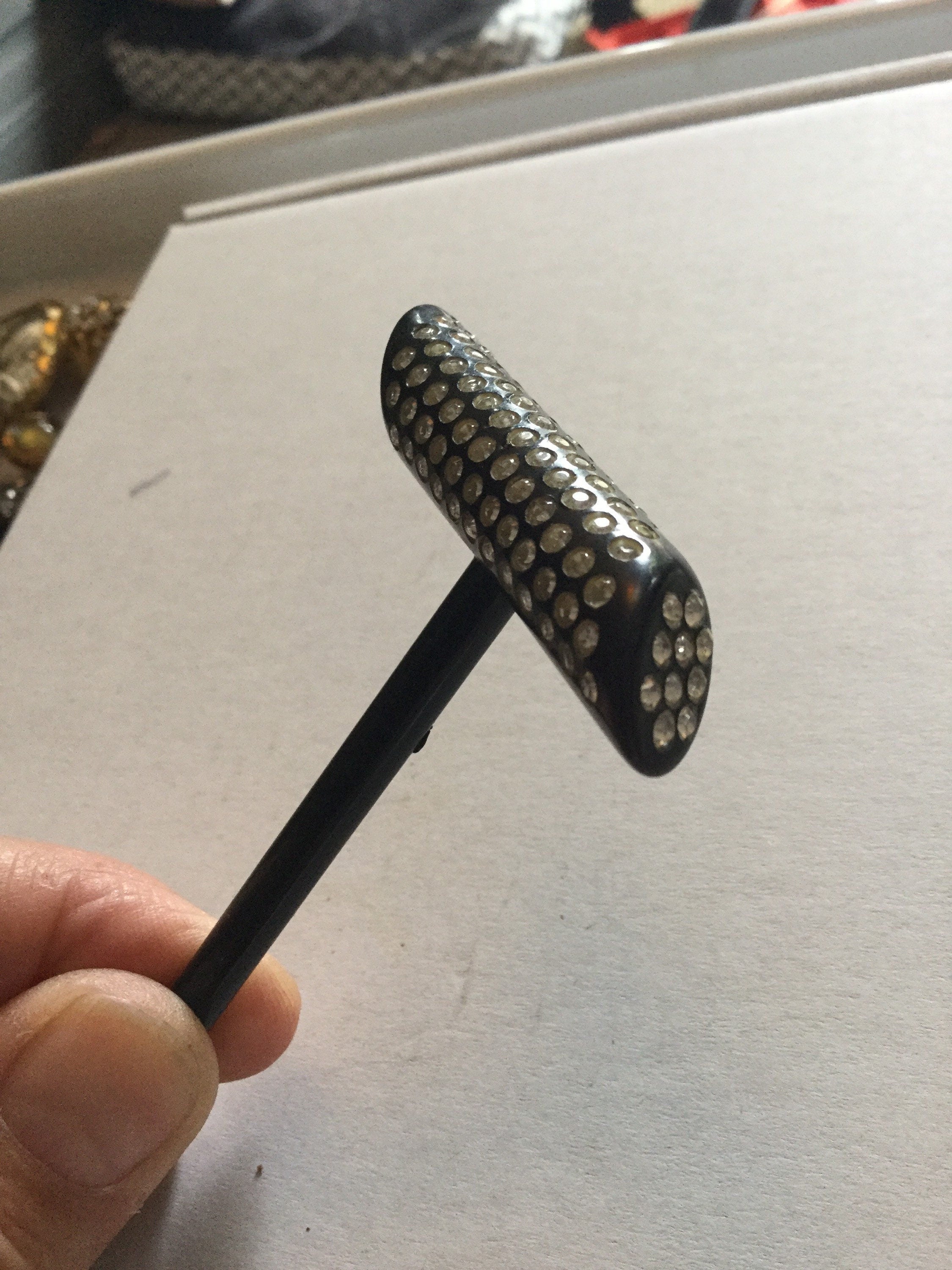 True Art Deco hat flash pin diamante set black bakelite