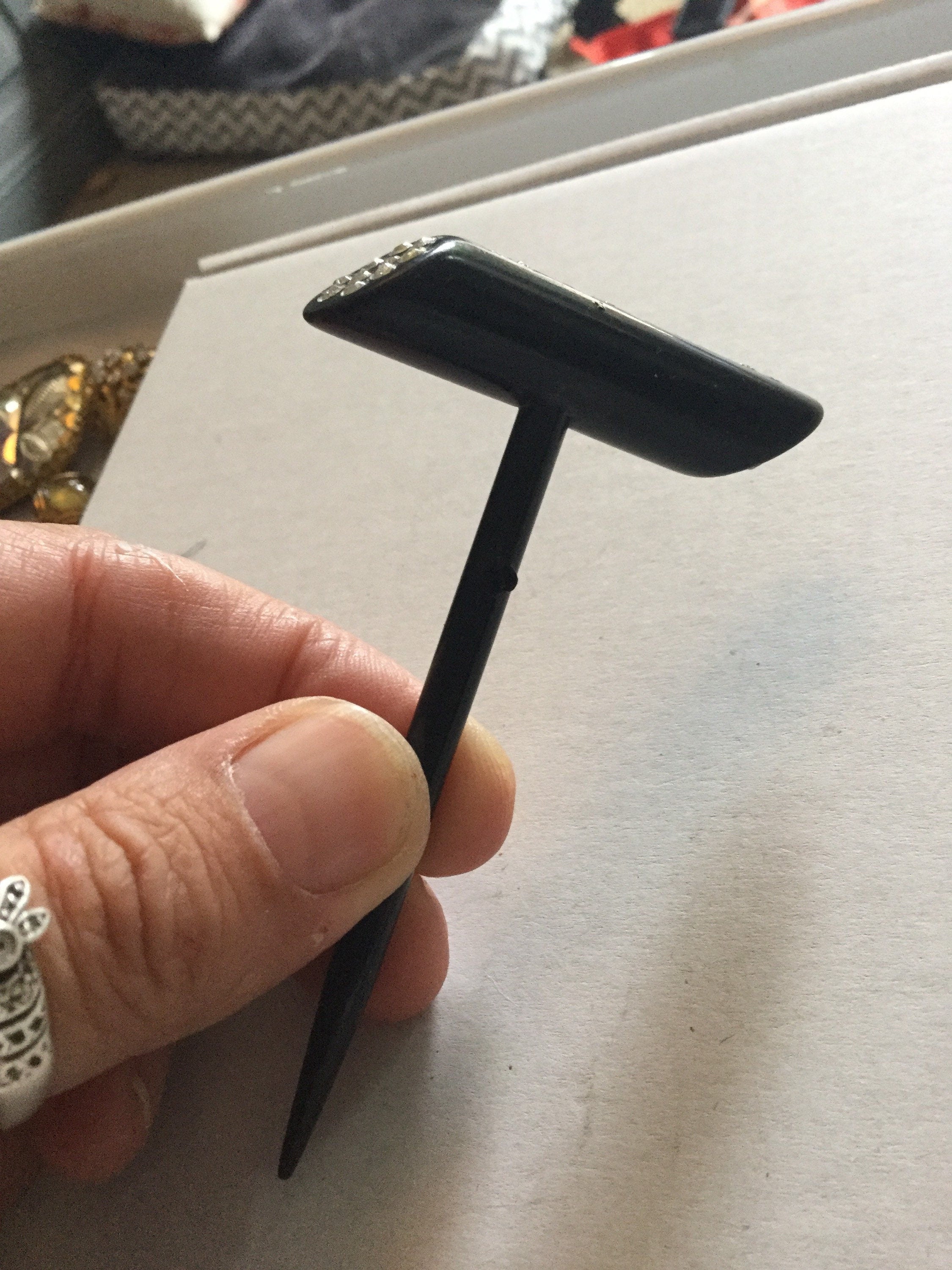 True Art Deco hat flash pin diamante set black bakelite