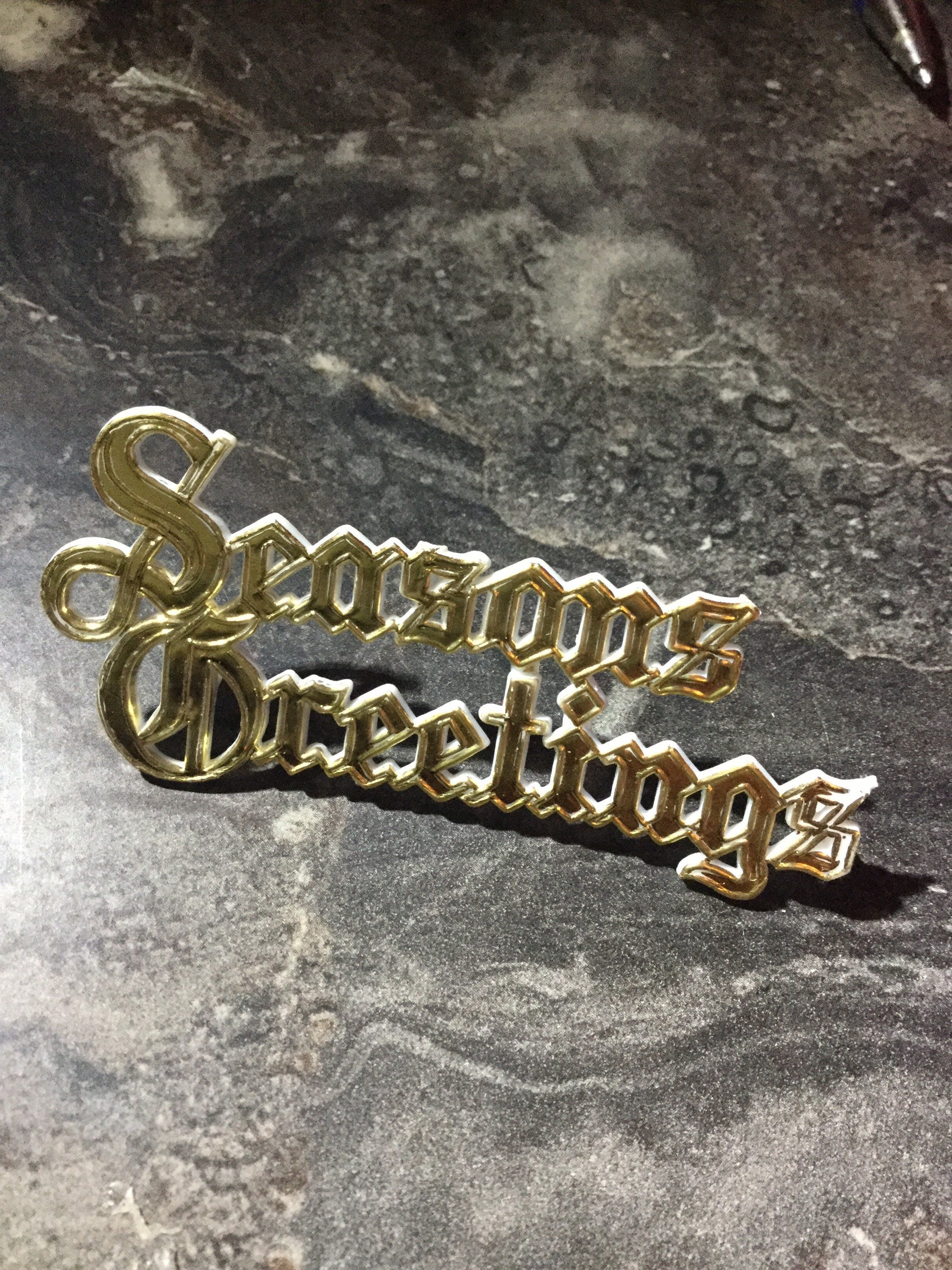 Vintage SEASONS GREETINGS merry Christmas gold plastic cake topper decoration