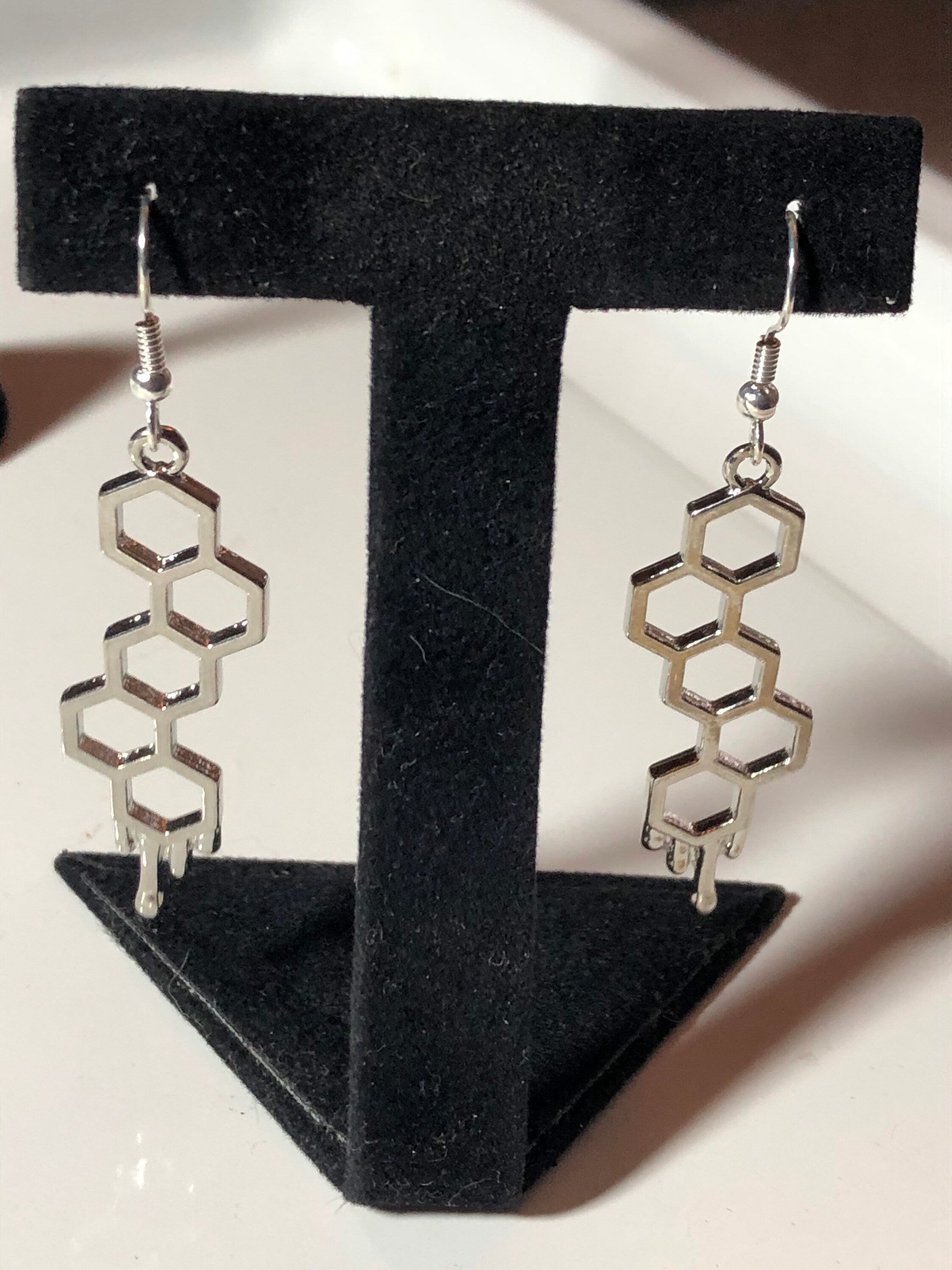 bumble bee drop earrings Silver dripping honeycomb