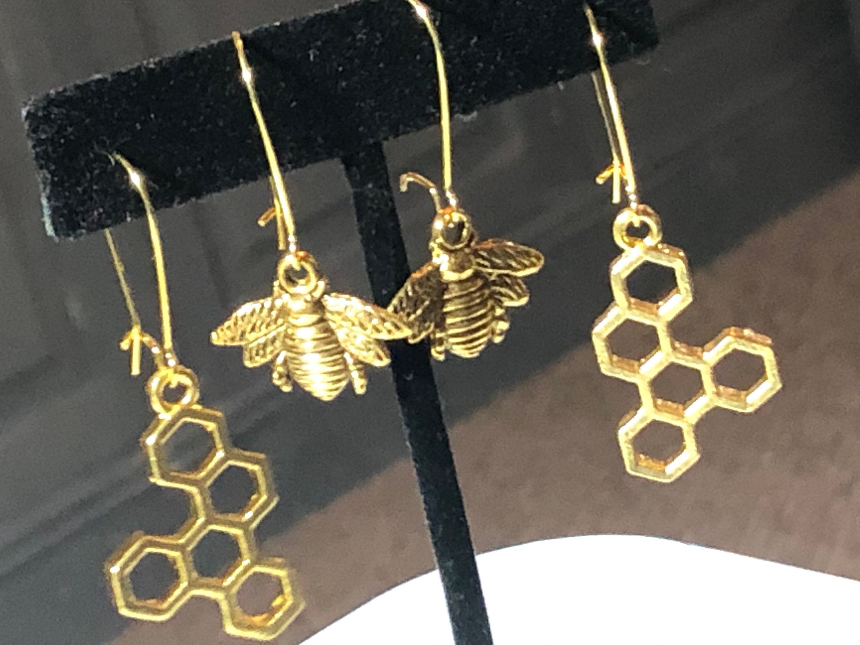 gold tone honeycomb bee cells drop earrings for pierced ears