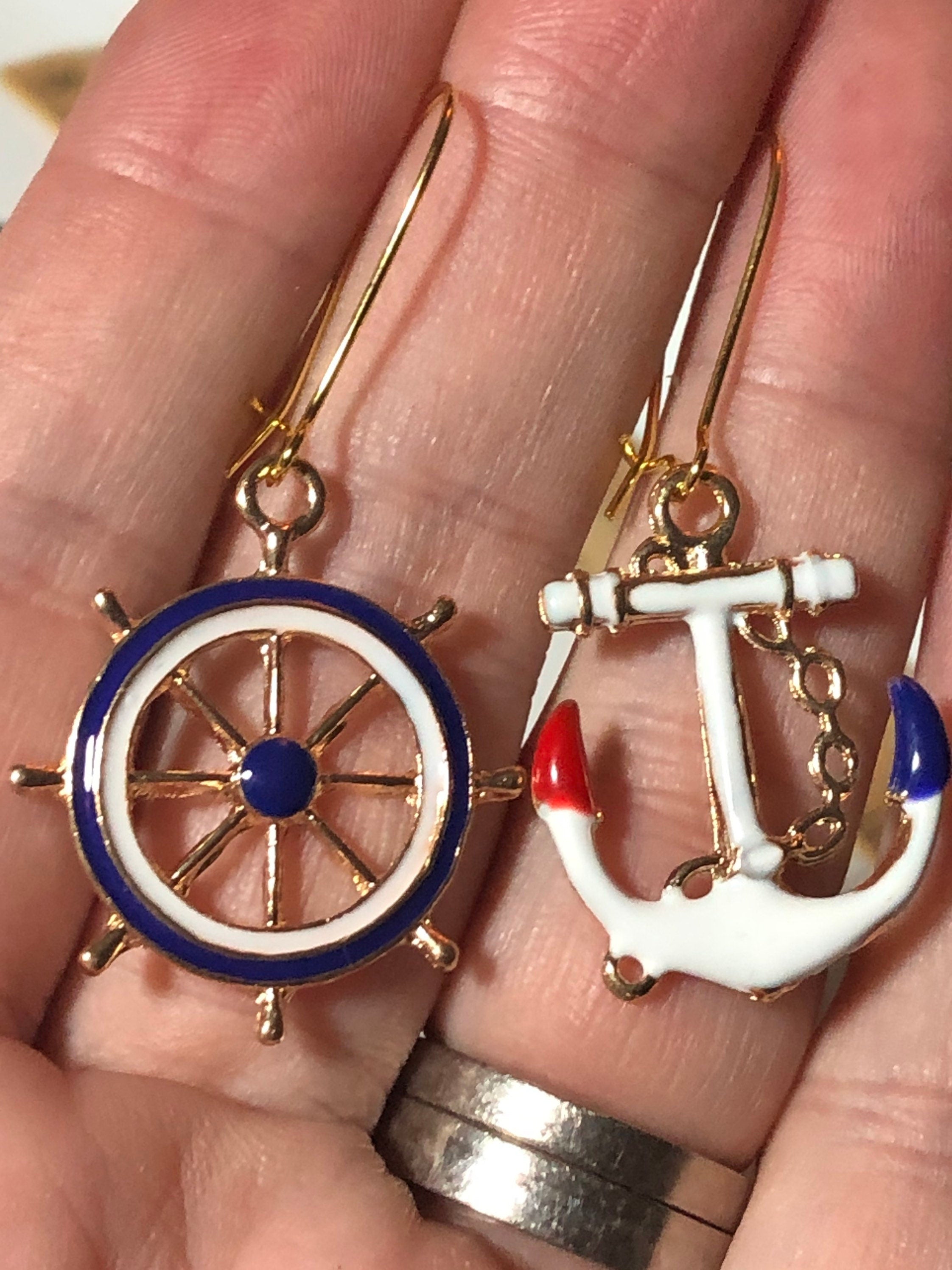 Nautical gold tone white enamel anchor and ships wheel small drop earrings