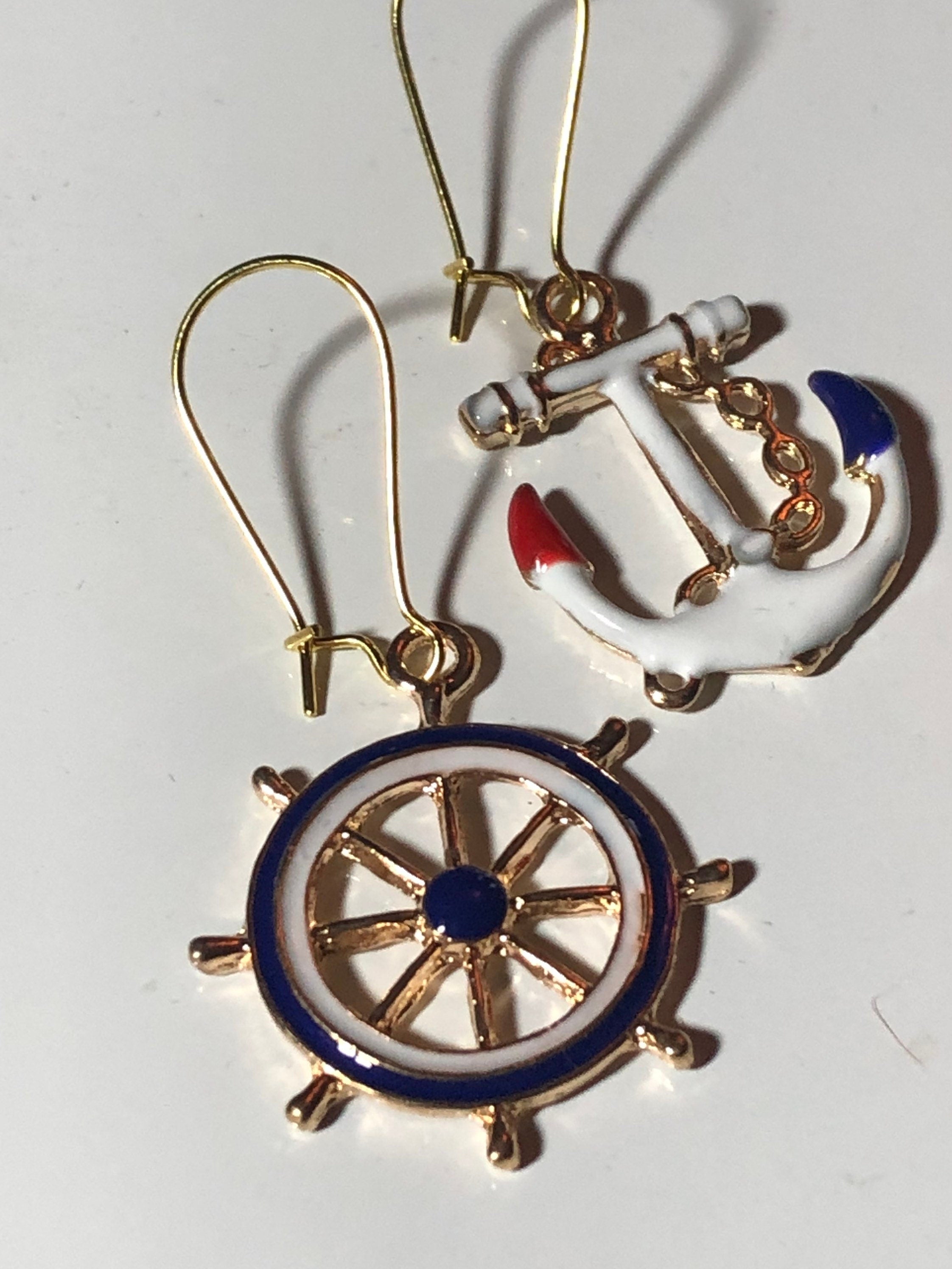 Nautical gold tone white enamel anchor and ships wheel small drop earrings