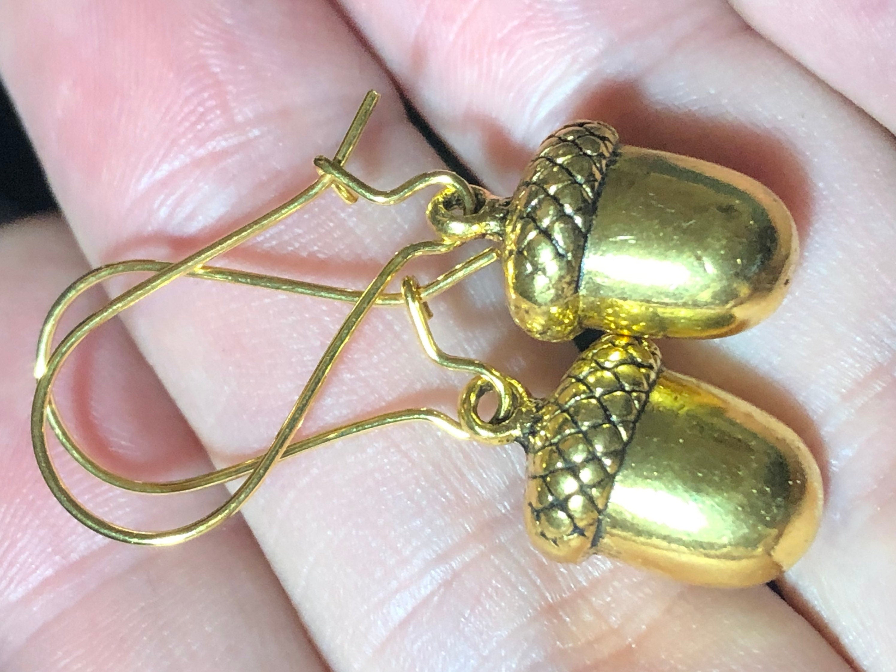 acorn drop earrings for pierced ears gold tone brass heavy