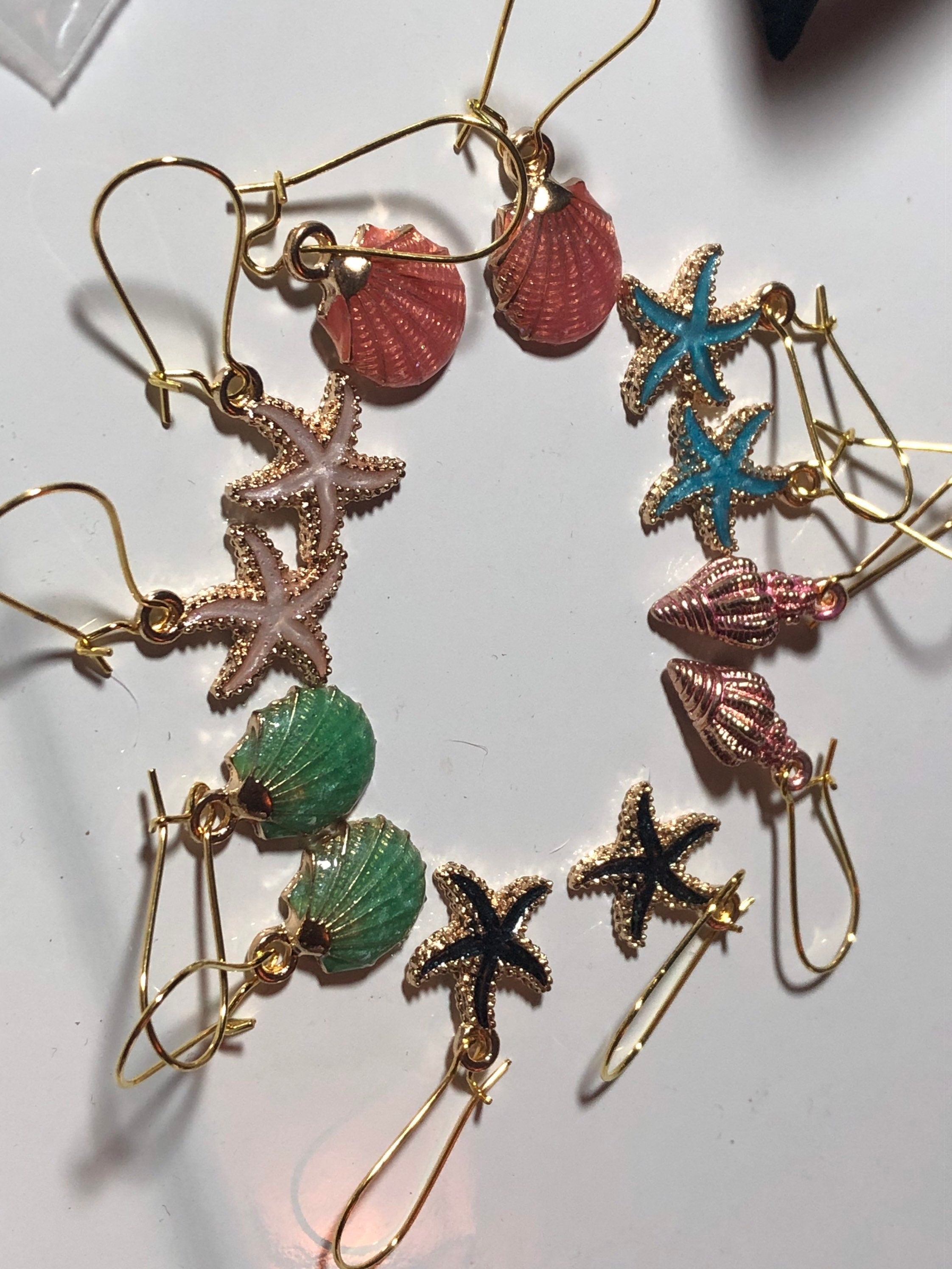 coral cream enamel starfish Pearl dangly earrings pierced Nautical gold tone