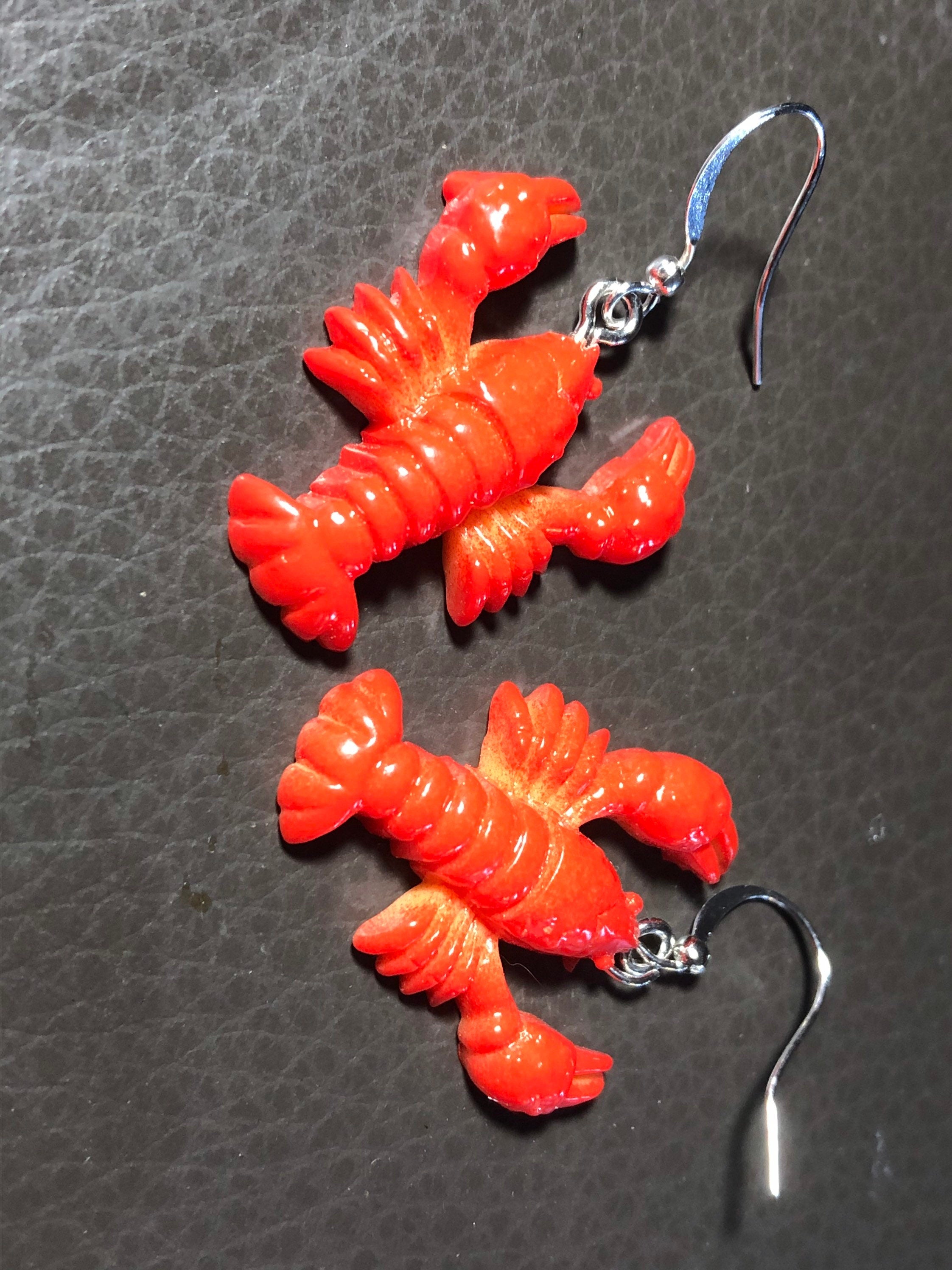 Orange plastic nautical lobster dangly earrings pierced ears