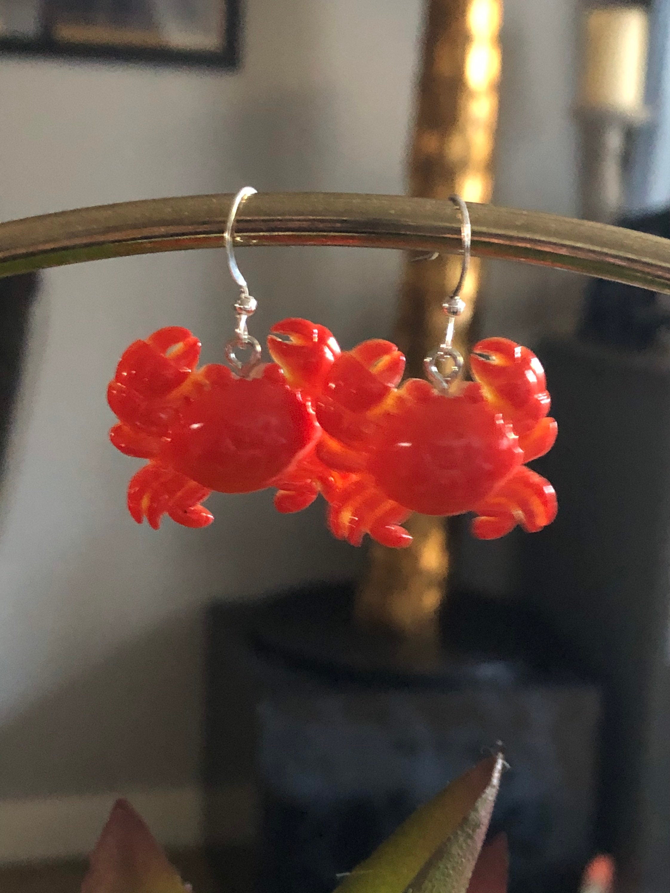Nautical crab earrings Handmade novelty orange red gold plastic