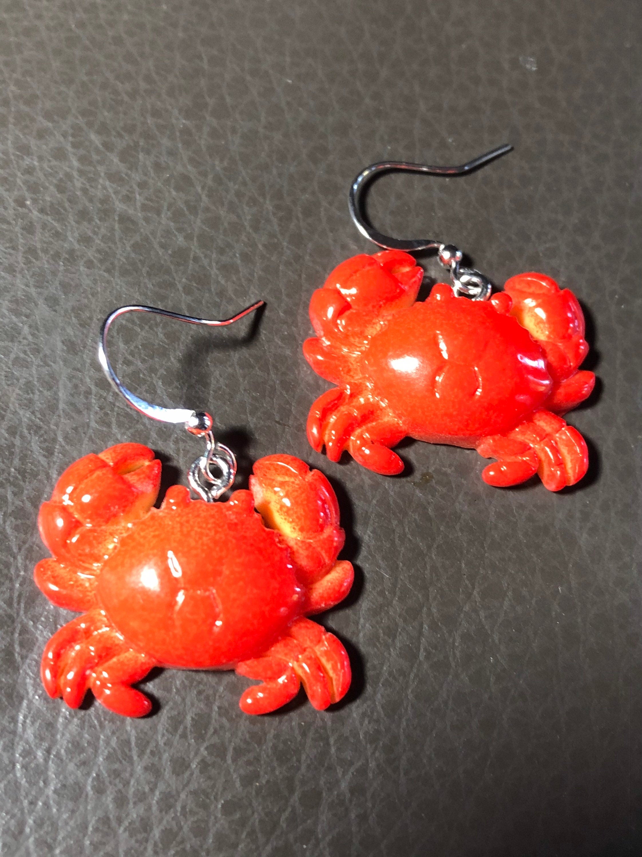 Nautical crab earrings Handmade novelty orange red gold plastic