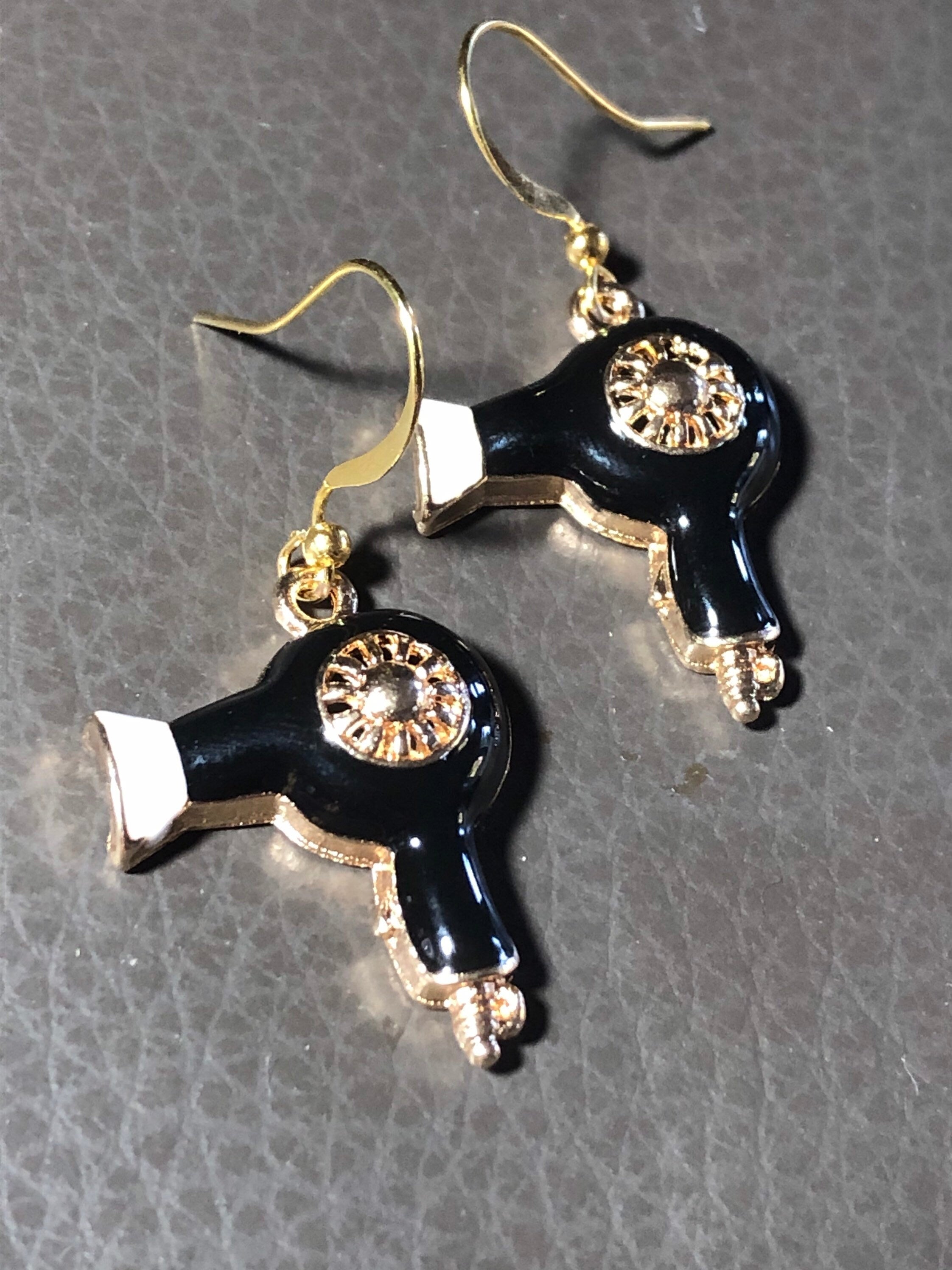 hairdryer earrings gold tone black enamel rhinestone pierced ears