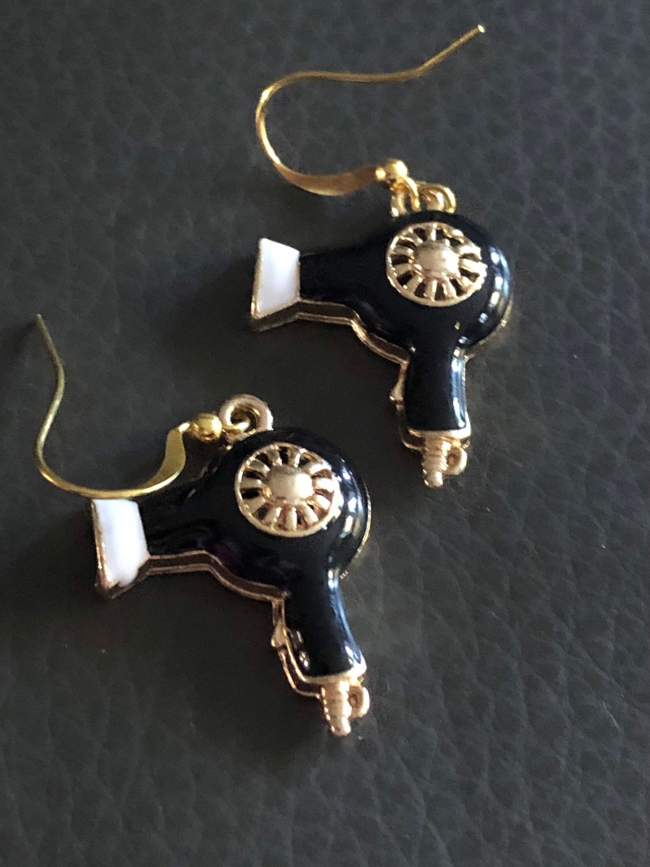 hairdryer earrings gold tone black enamel rhinestone pierced ears