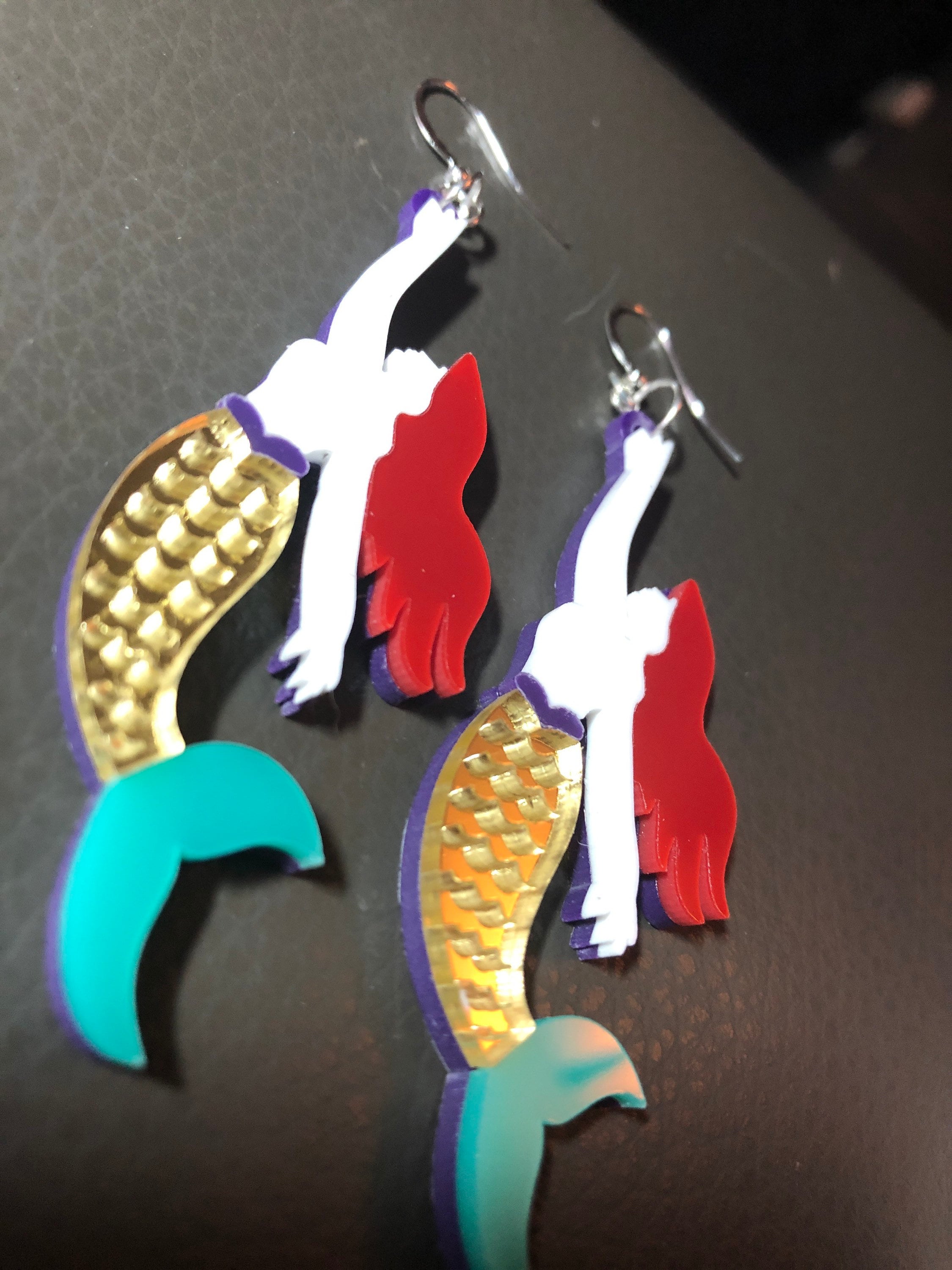 oversized acrylic gold blue mermaid drop earrings for pierced ears