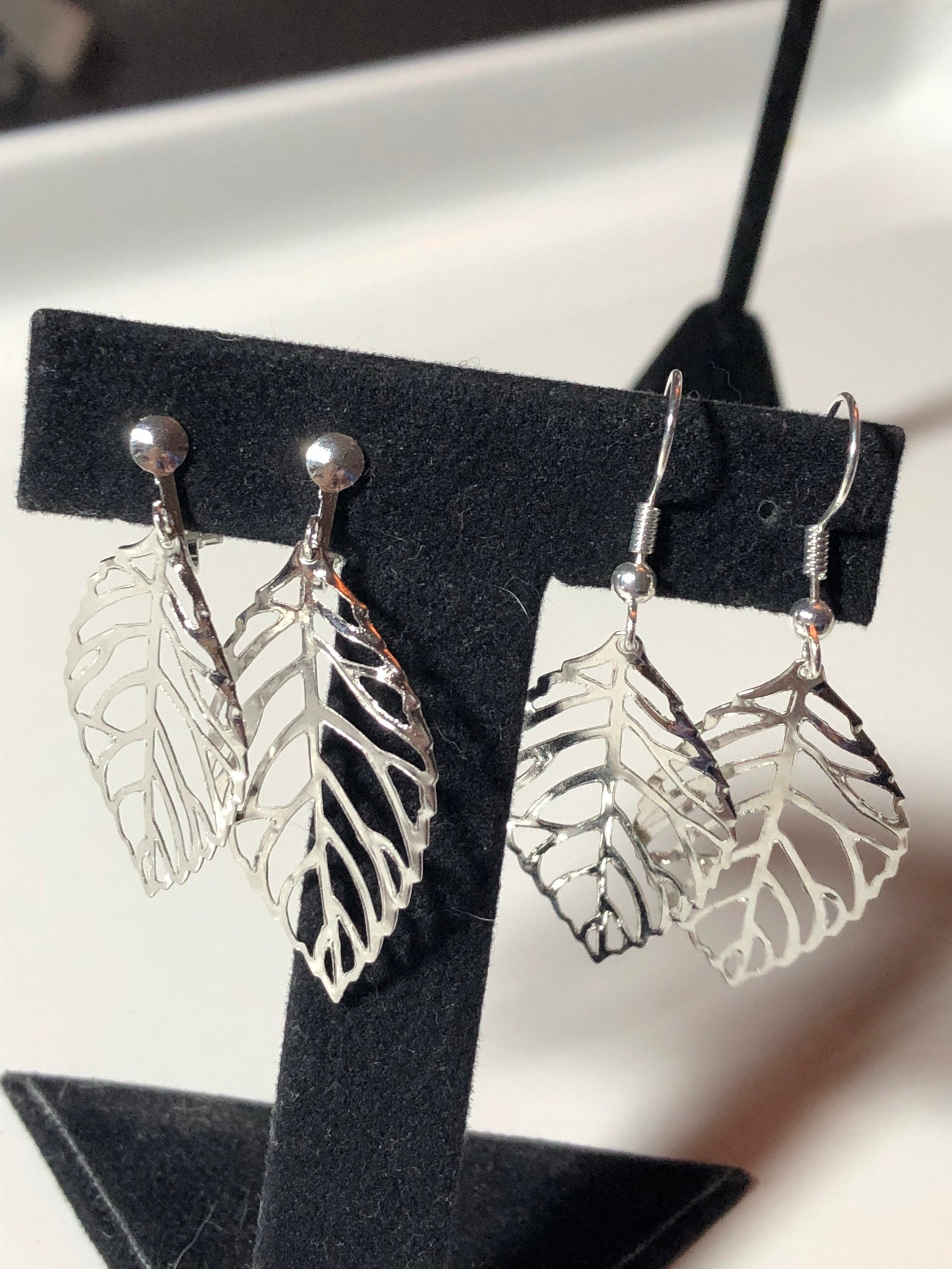 openwork leaf long drop earrings pierced ears silver tone nature inspired