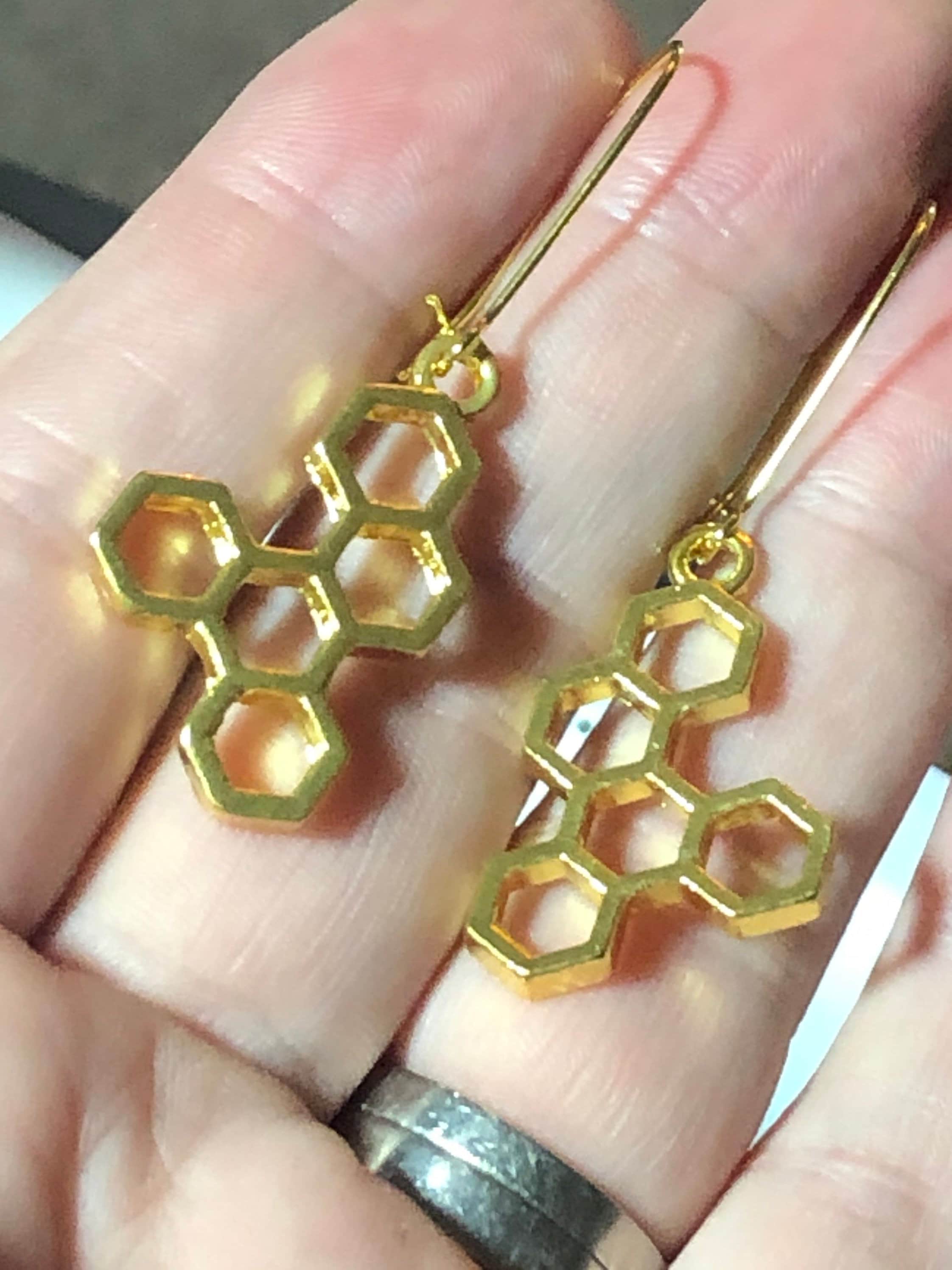 gold tone honeycomb bee cells drop earrings for pierced ears