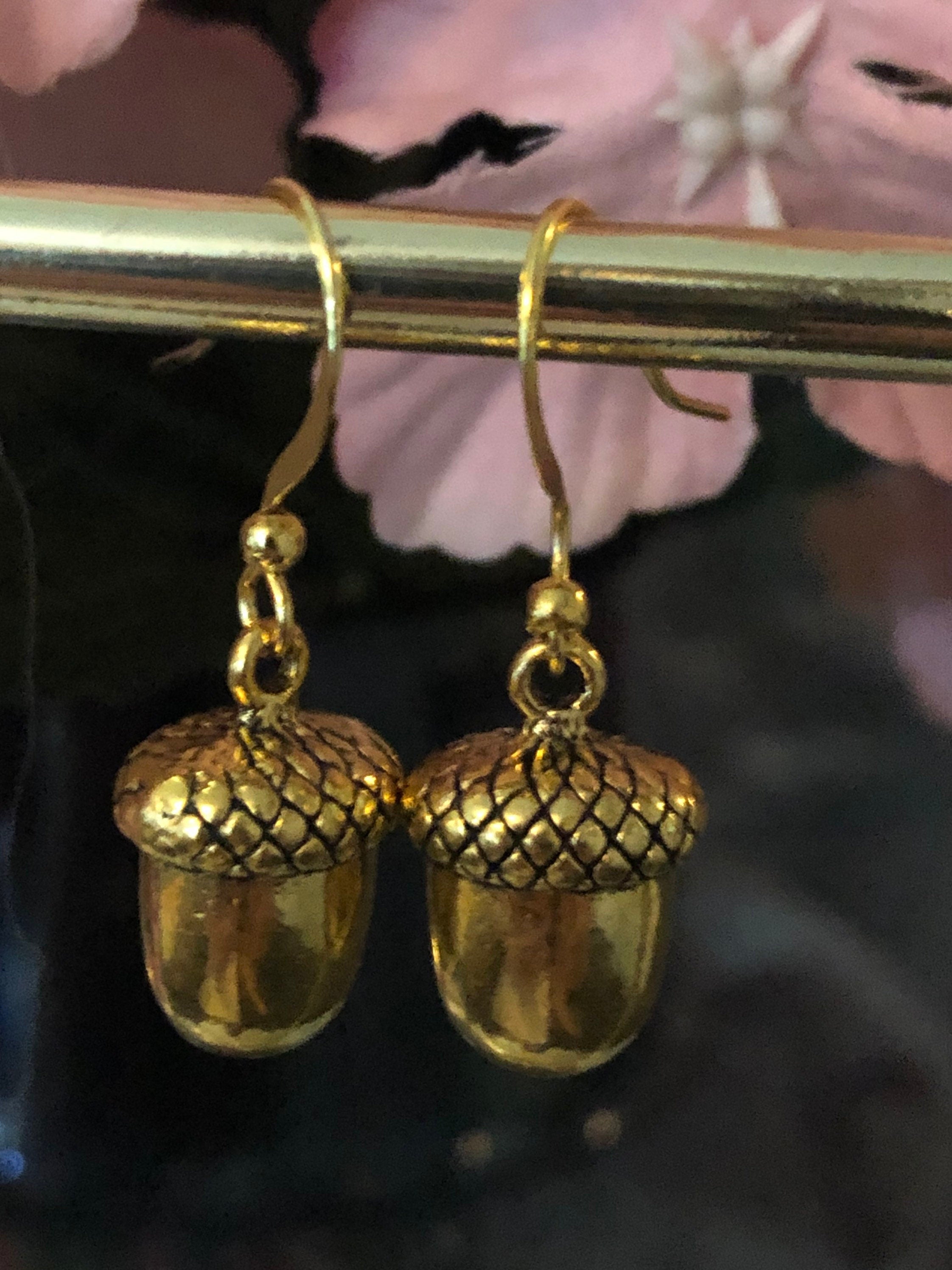 Gold acorn drop earrings brass Victorian style