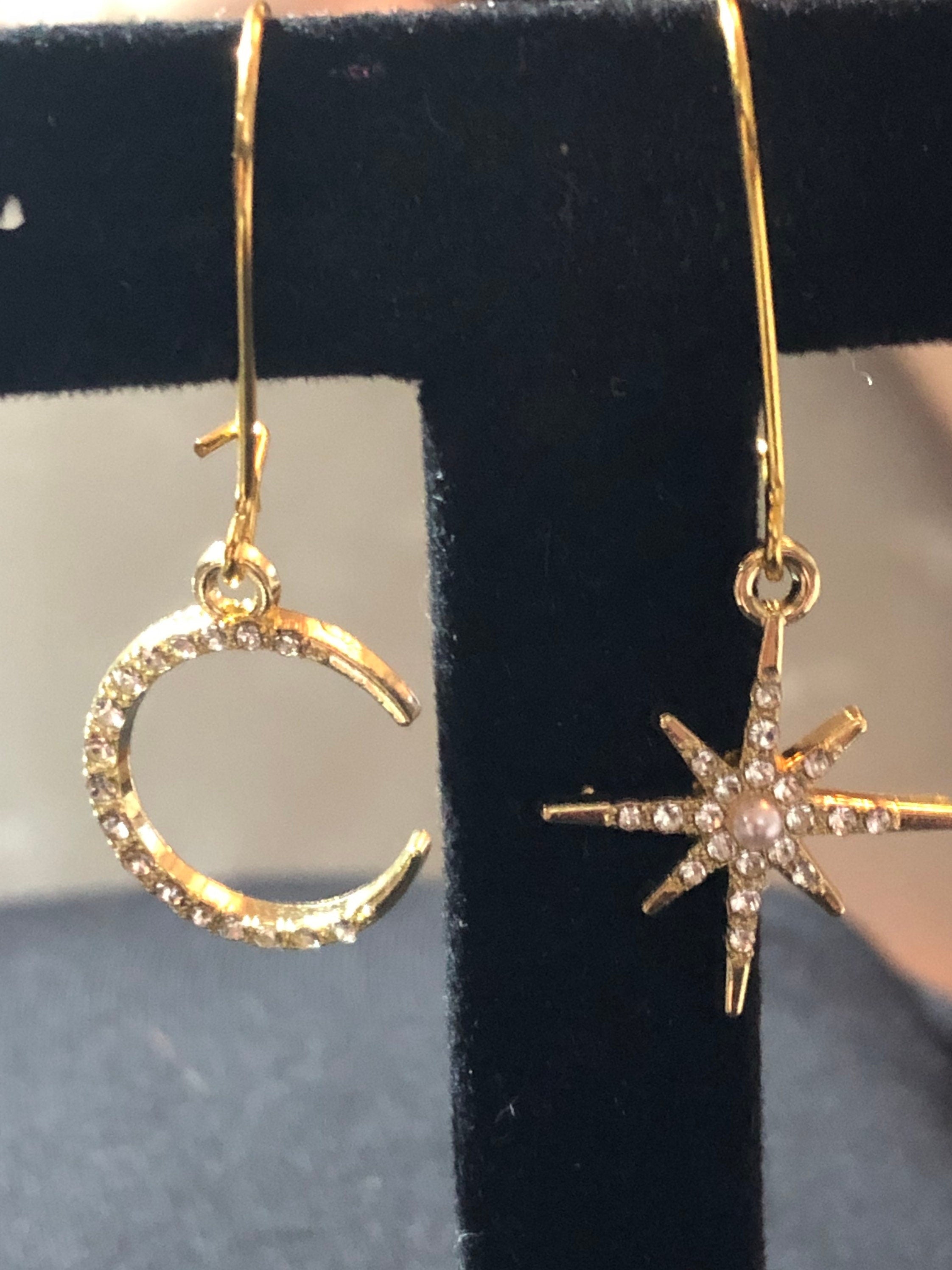 Celestial star & moon diamanté drop earrings gold tone pierced