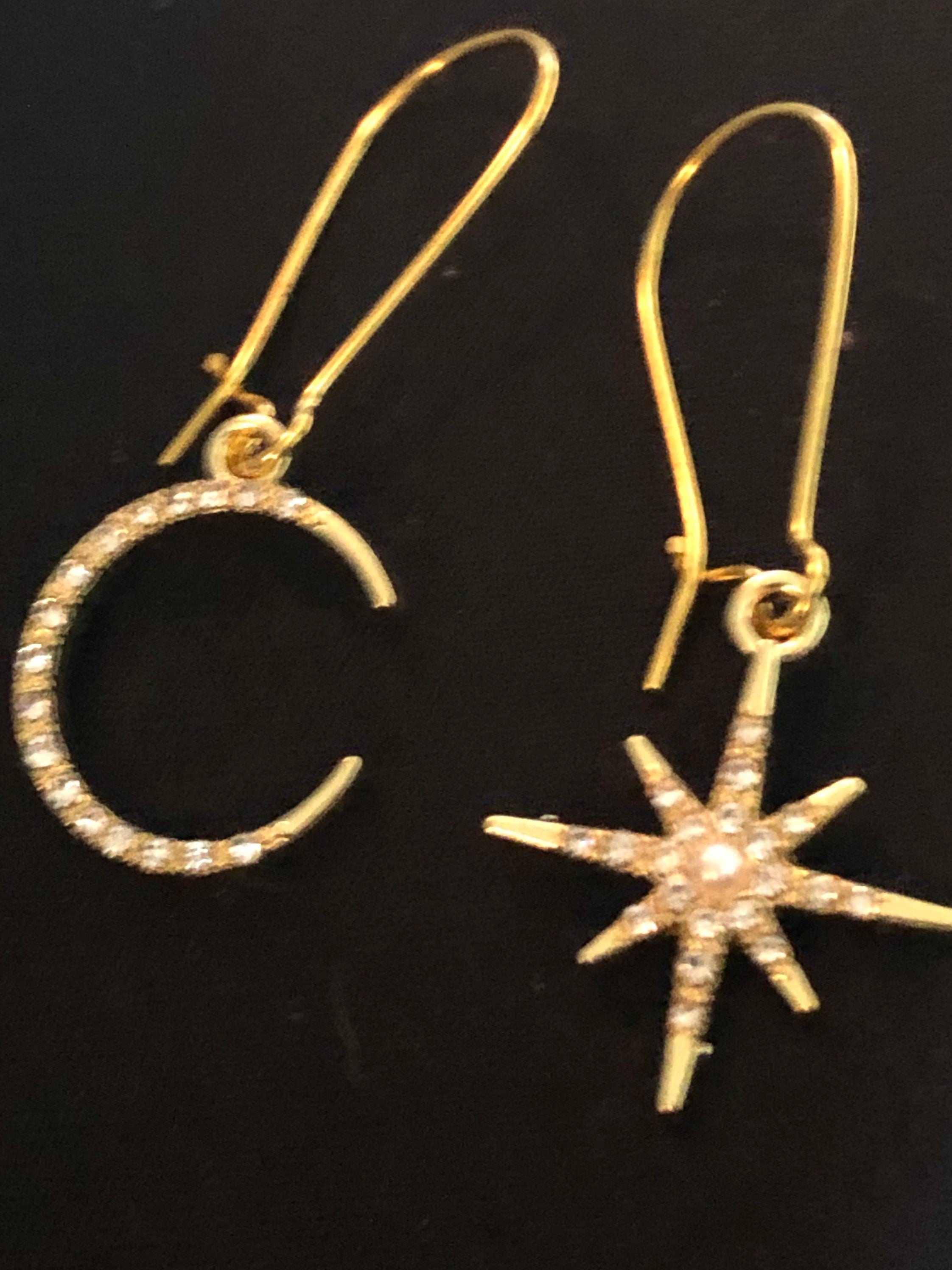 Celestial star & moon diamanté drop earrings gold tone pierced