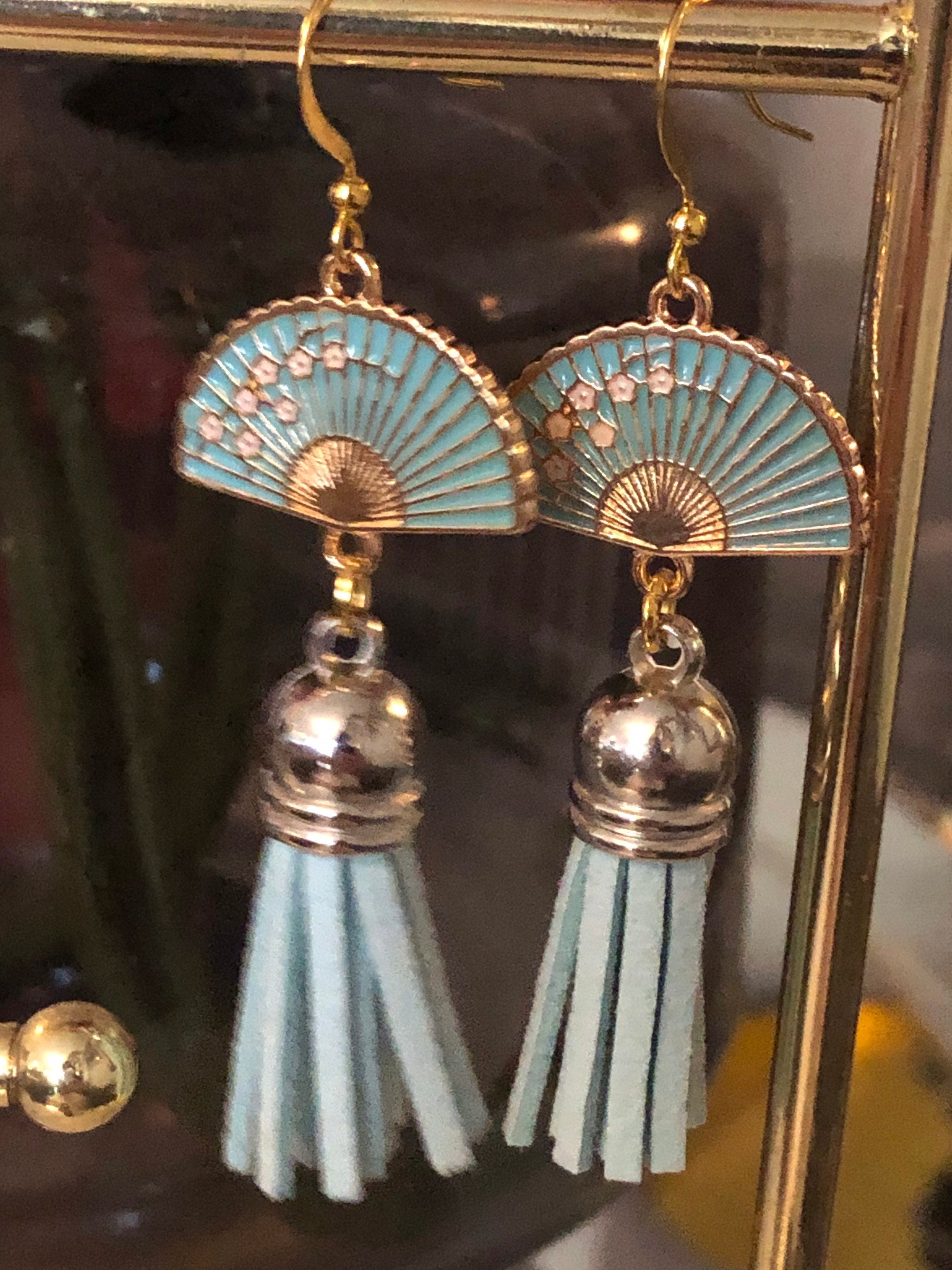 Chinese Japanese blue enamel tassel fan earrings pierced ears
