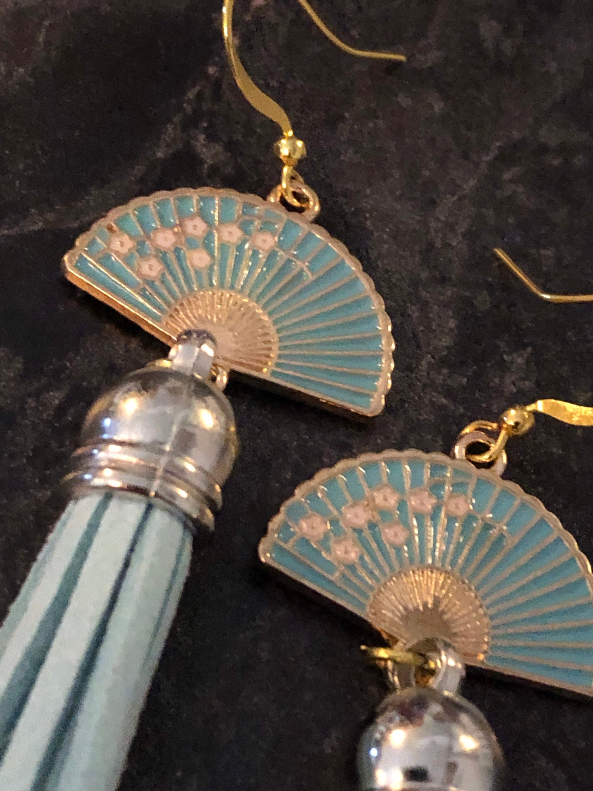 Chinese Japanese blue enamel tassel fan earrings pierced ears