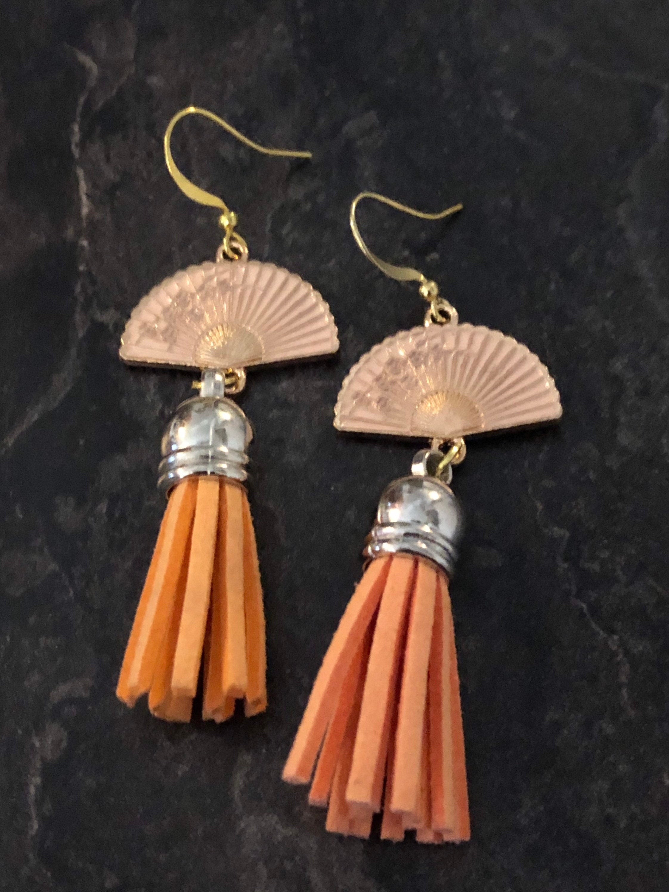 gold & silver leather tassel fan earrings Chinese Japanese orange enamel