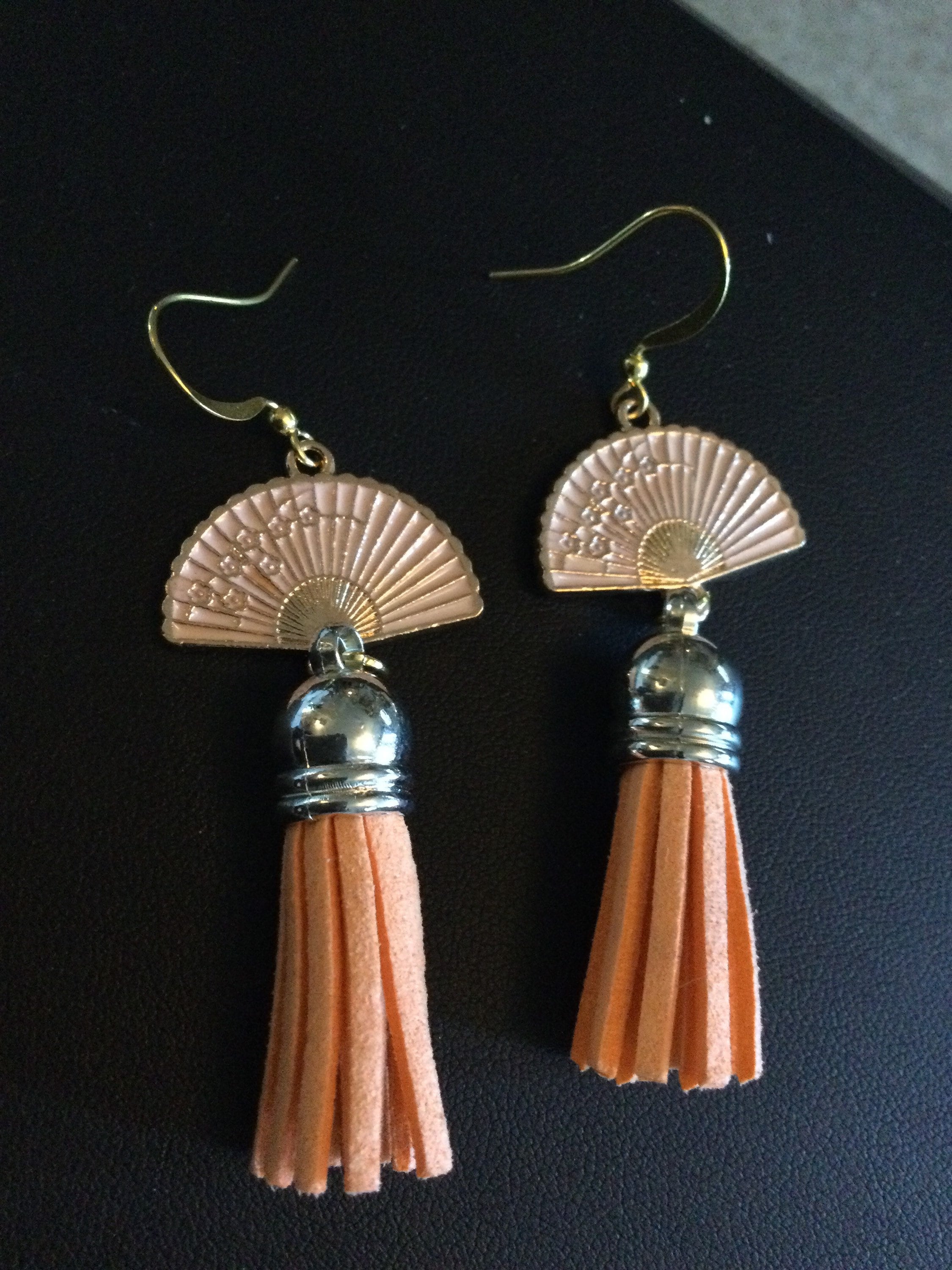 gold & silver leather tassel fan earrings Chinese Japanese orange enamel