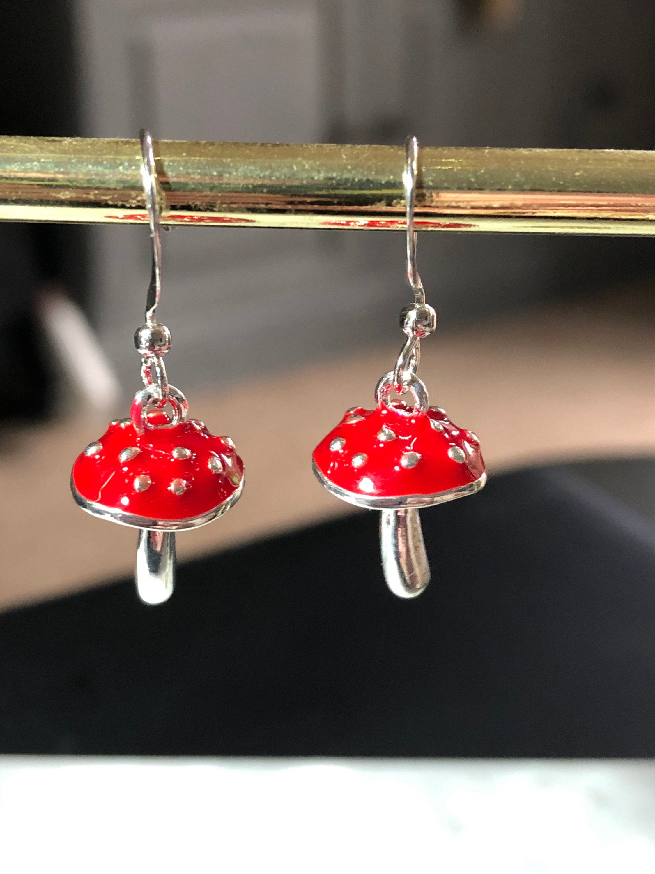 Novelty red and silver Fairy toadstool drop earrings for pierced ears