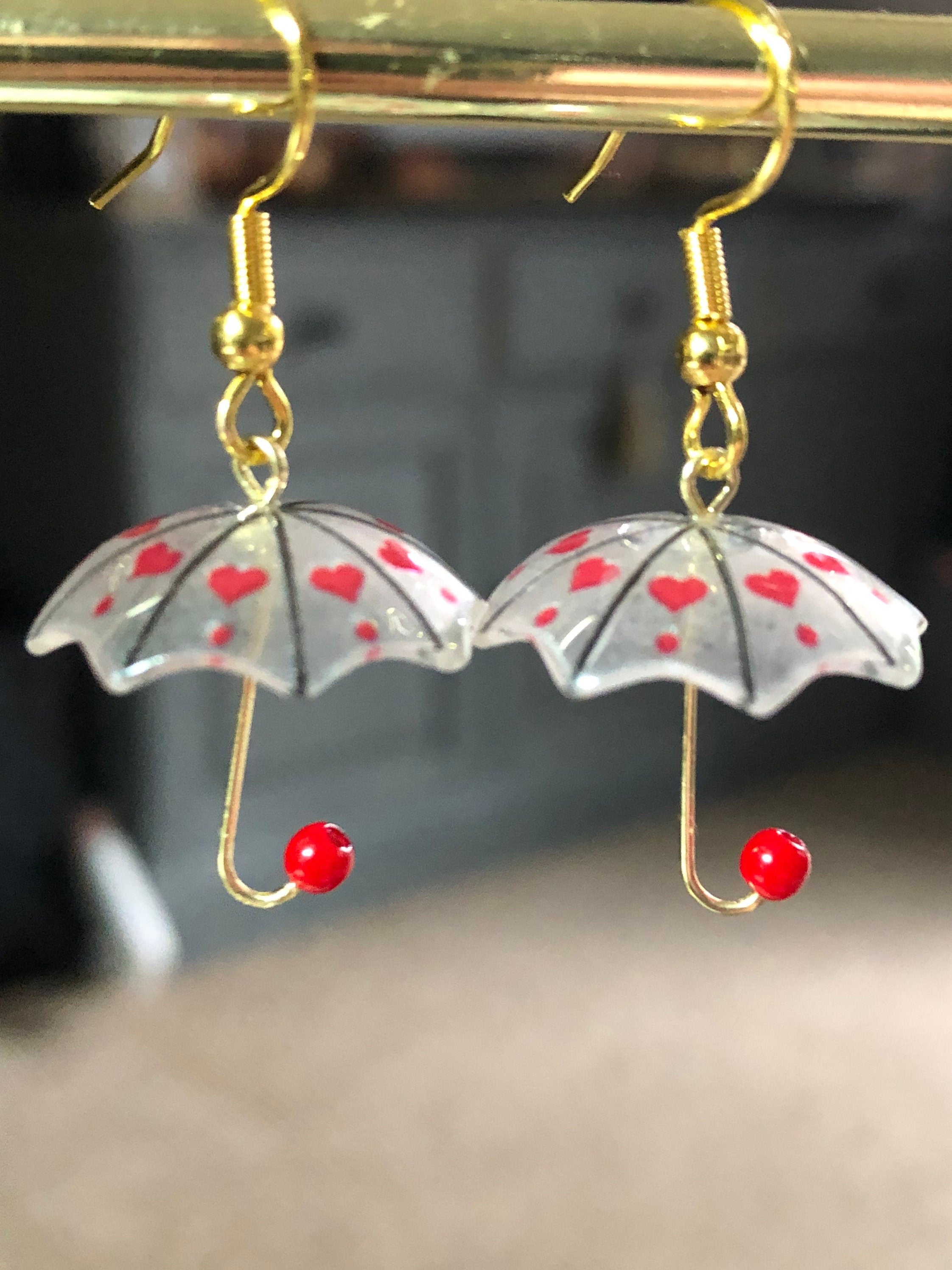 Retro style Novelty gold tone red heart umbrella drop earrings for pierced ears