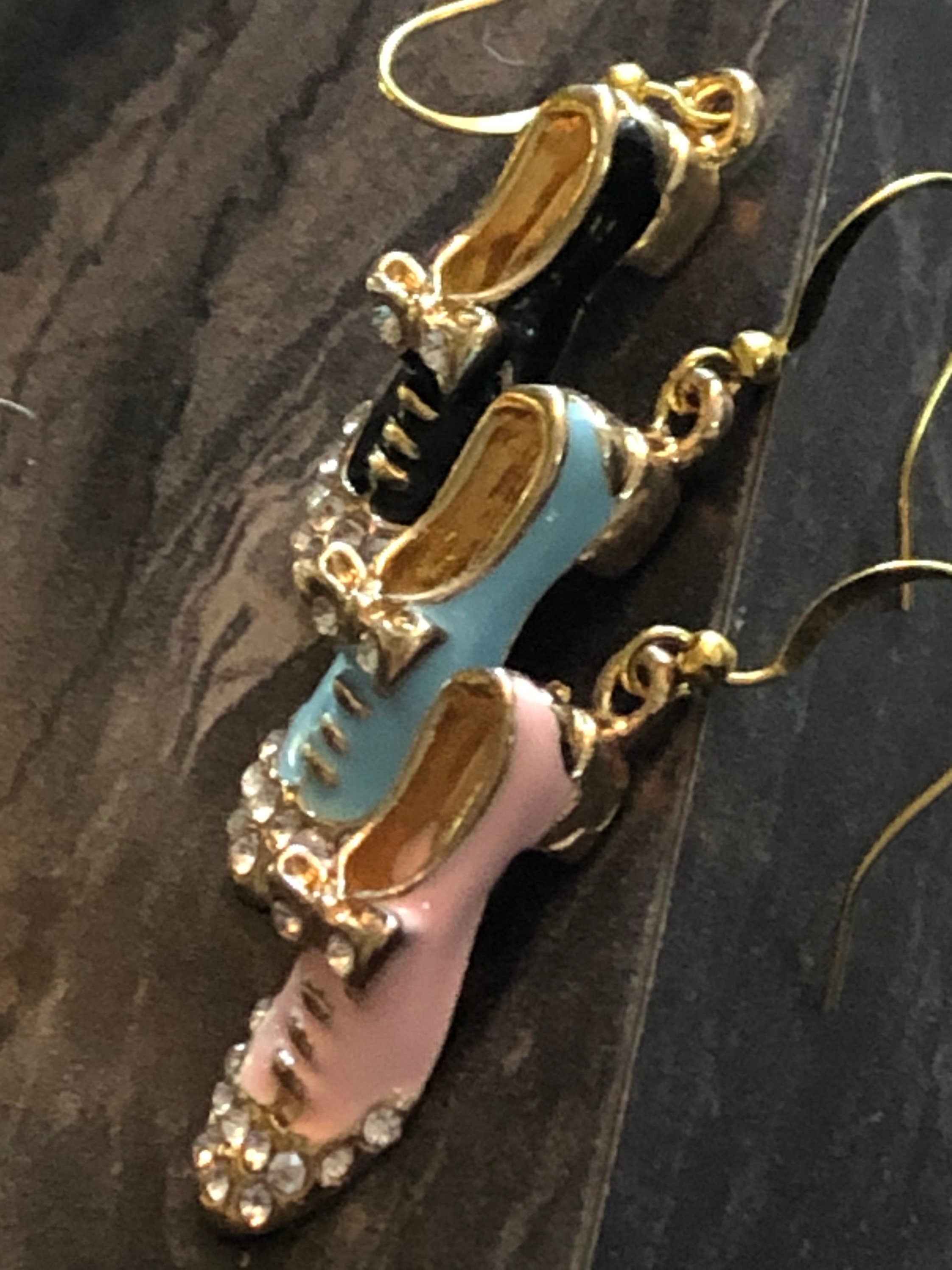 brogue shoe drop earrings for pierced ears PINK enamel diamanté