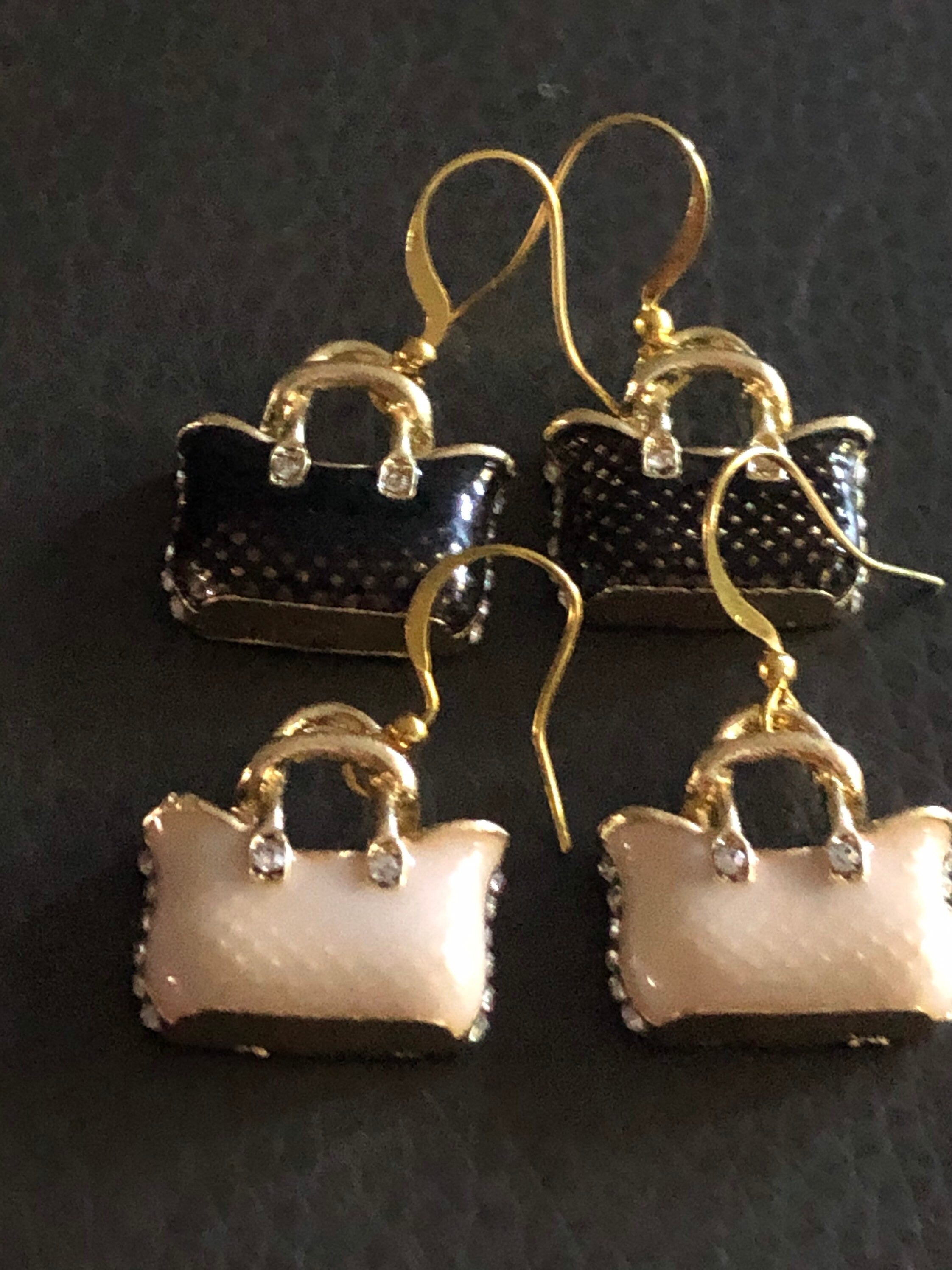 gold tone blush pink enamel diamanté hairdryer drop earrings