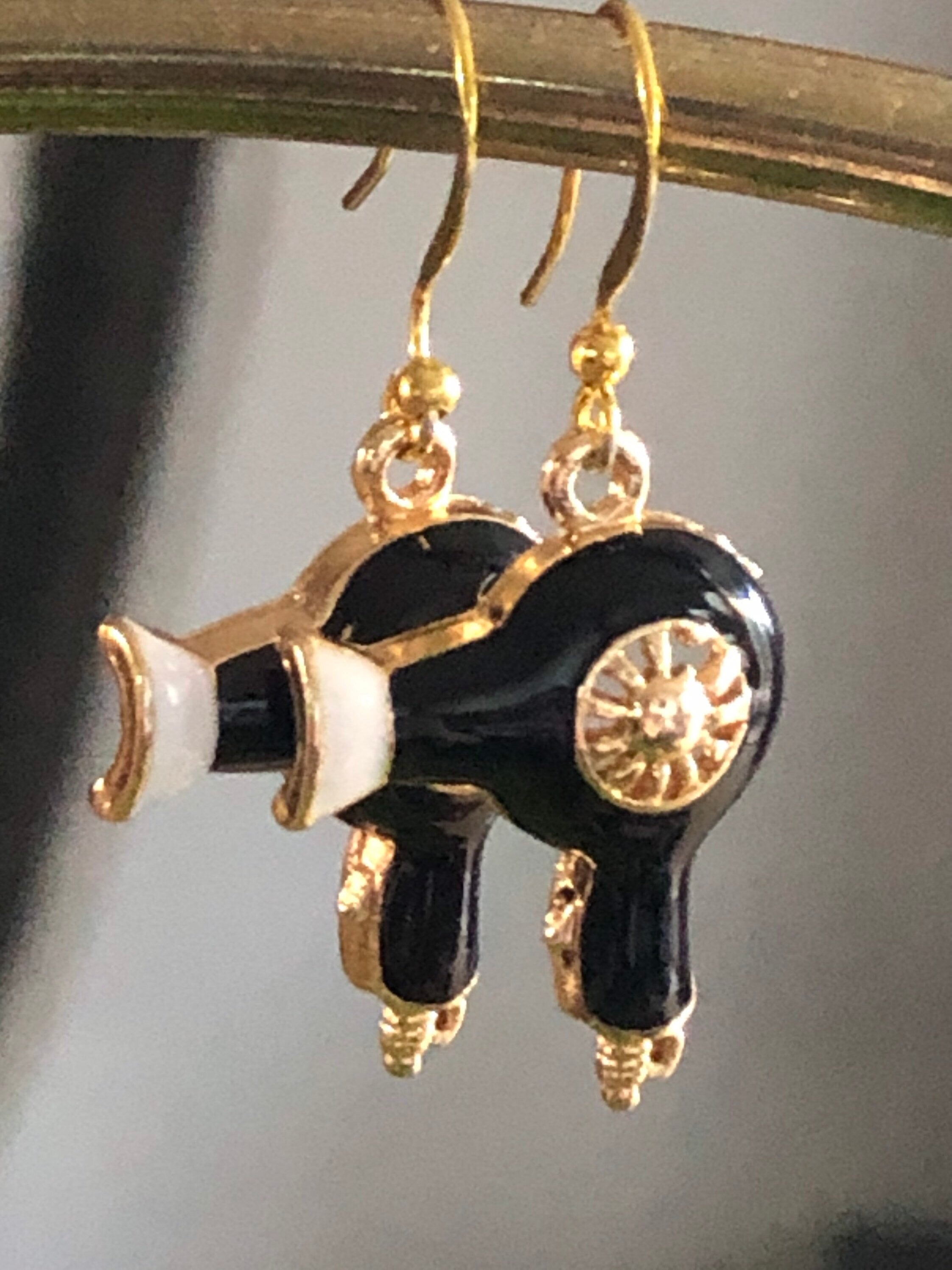 hairdryer earrings gold tone black enamel rhinestone pierced ears