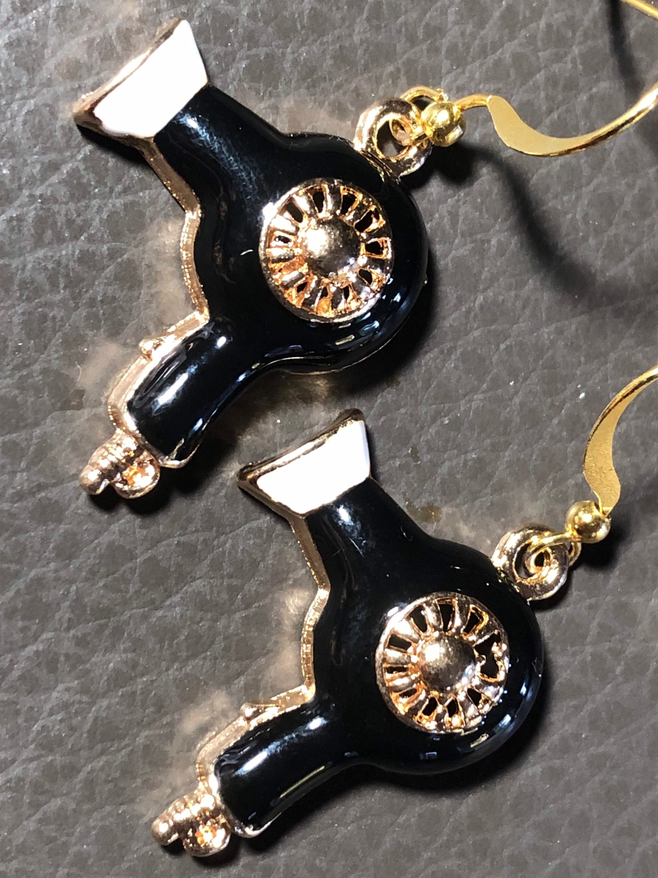 hairdryer earrings gold tone black enamel rhinestone pierced ears