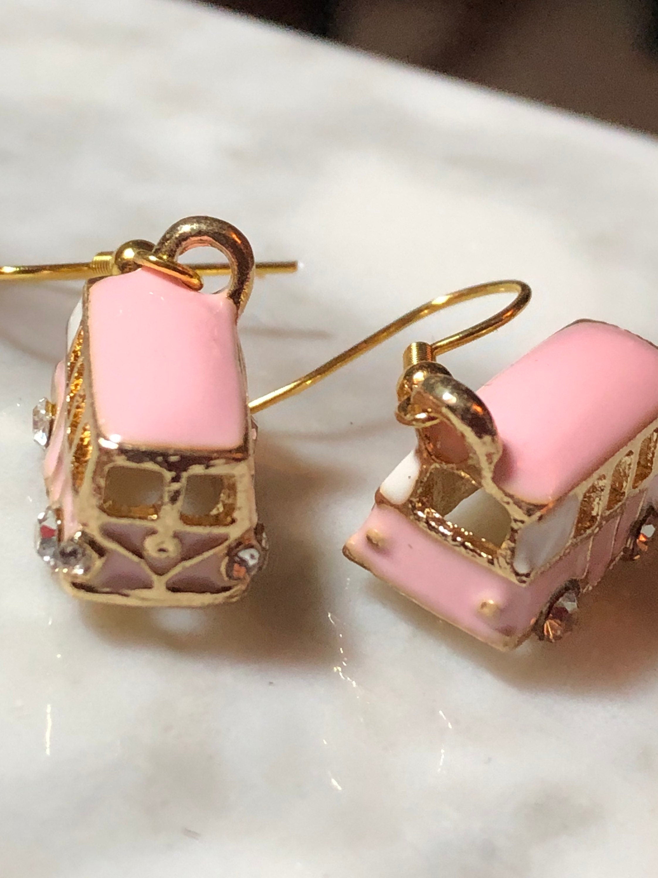 Novelty PINK enamel diamanté vintage camper van drop earrings