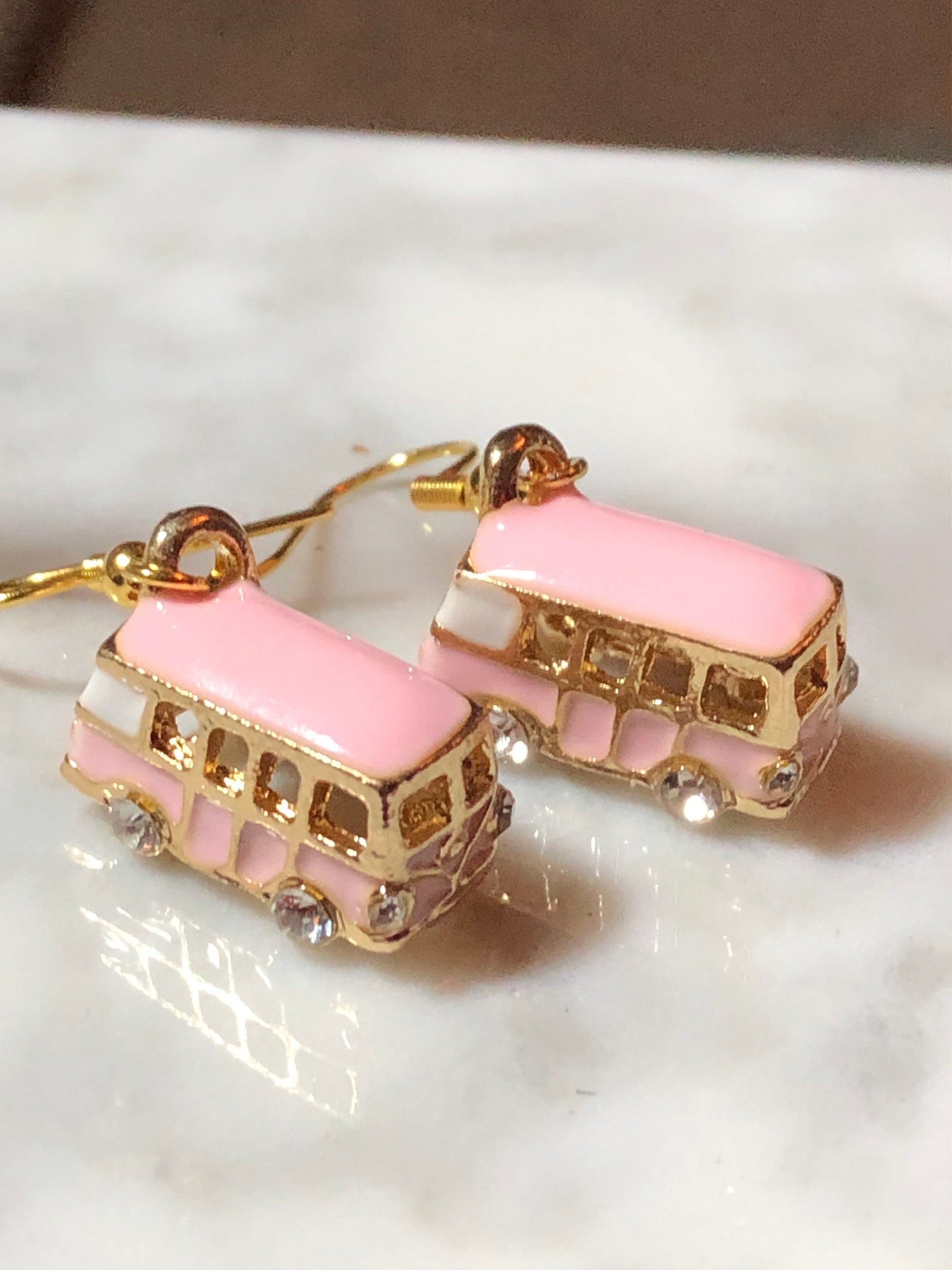 Novelty PINK enamel diamanté vintage camper van drop earrings