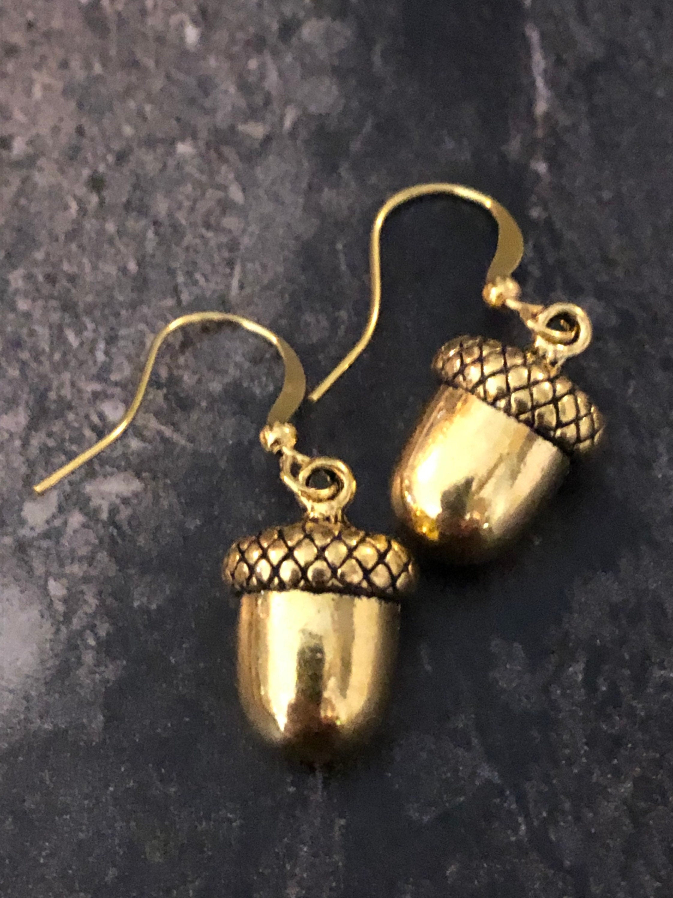 Gold acorn drop earrings brass Victorian style